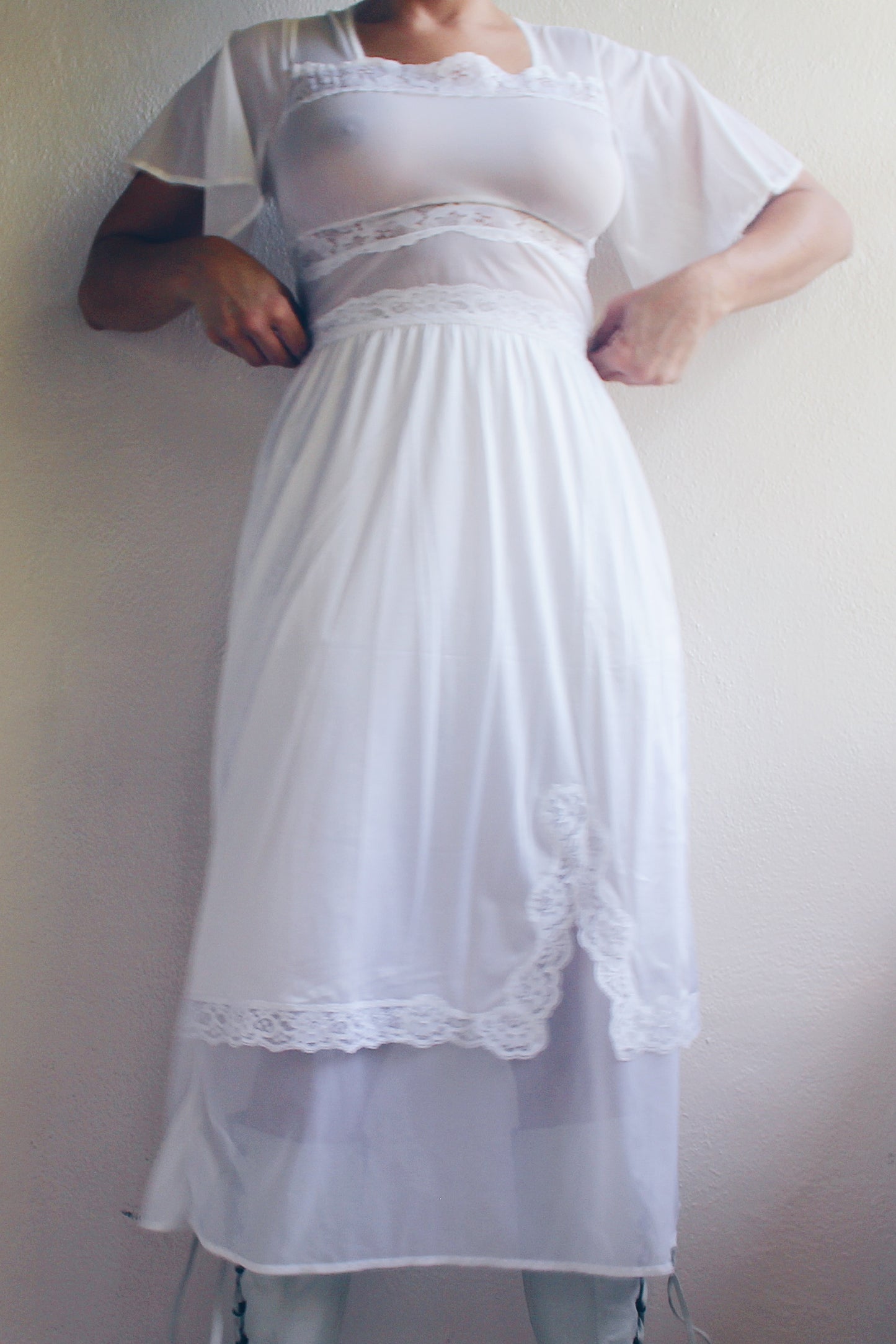 Whimsical Sheer White Lace Maxi Slip / Sheer Lace Wendy  Vintage nightgown