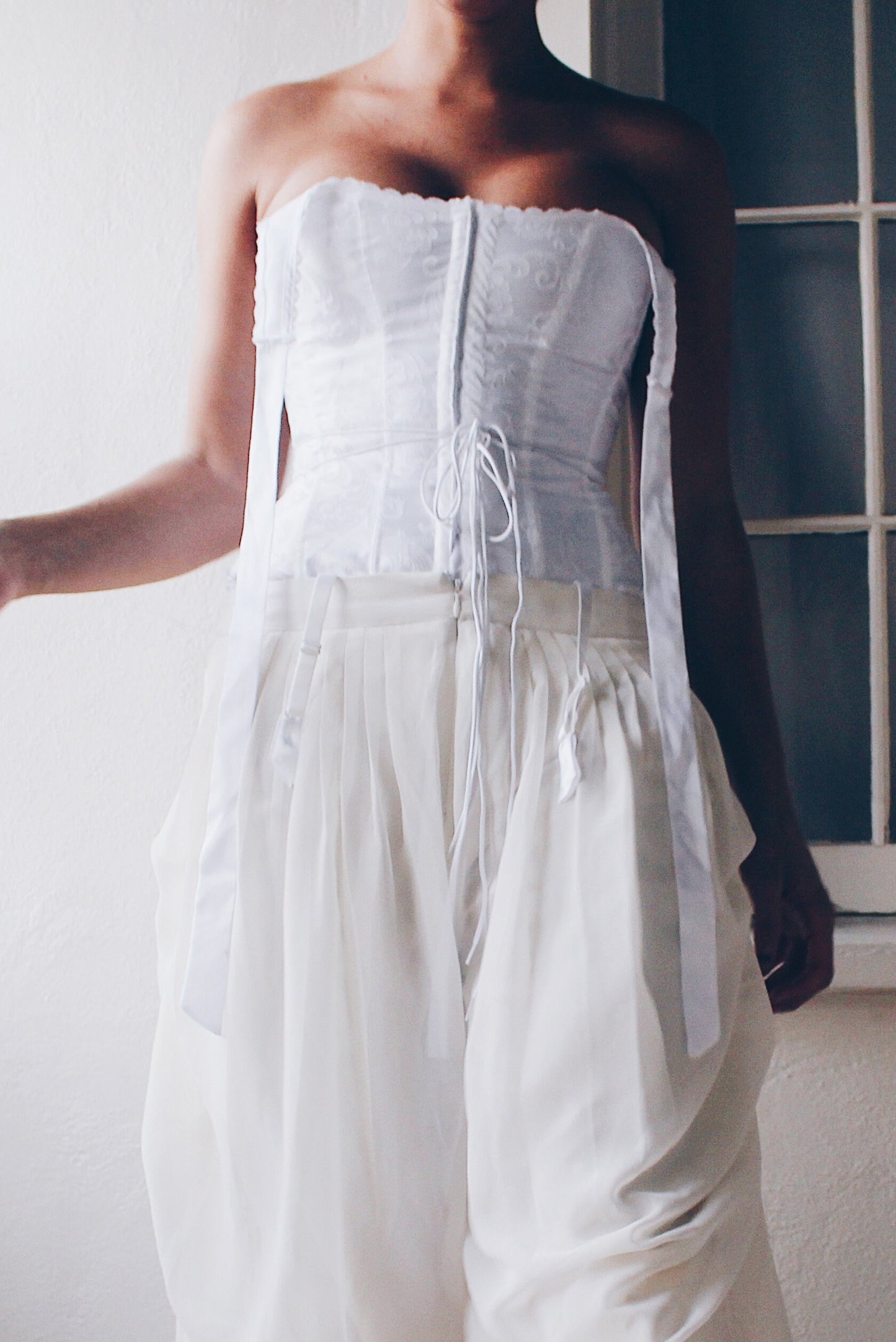 Pleated White High Waisted Parachute style pants /  Ivory Cinched Wide Leg formal pants