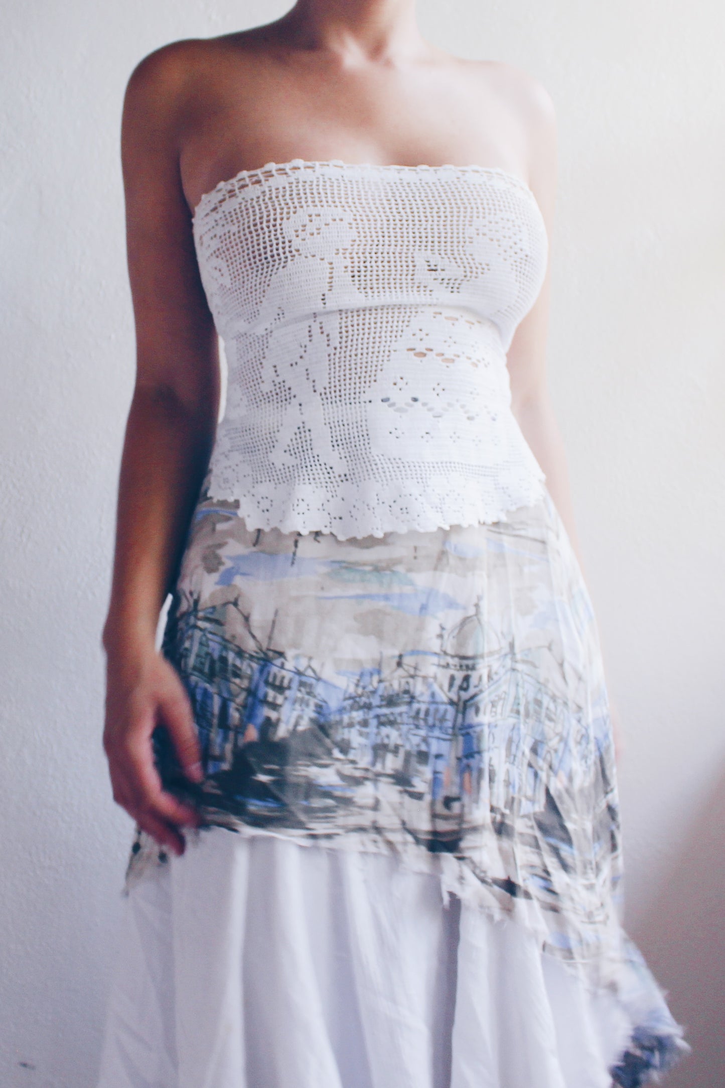 Tea Time crop top / repurposed doily tube top / upcycled crochet macrame tank / reworked lace up vintage tank top