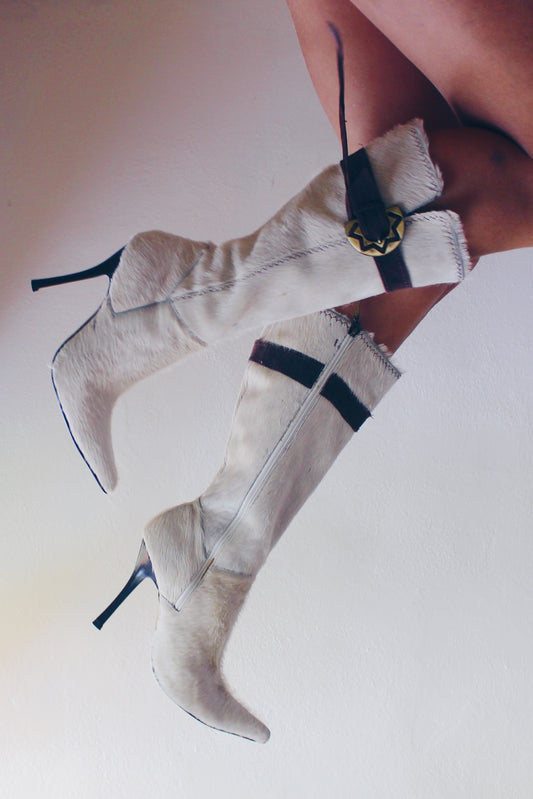 pointed toe y2k cowhide stiletto boots / leather hid fur high heel boots / white fur mid calf heels