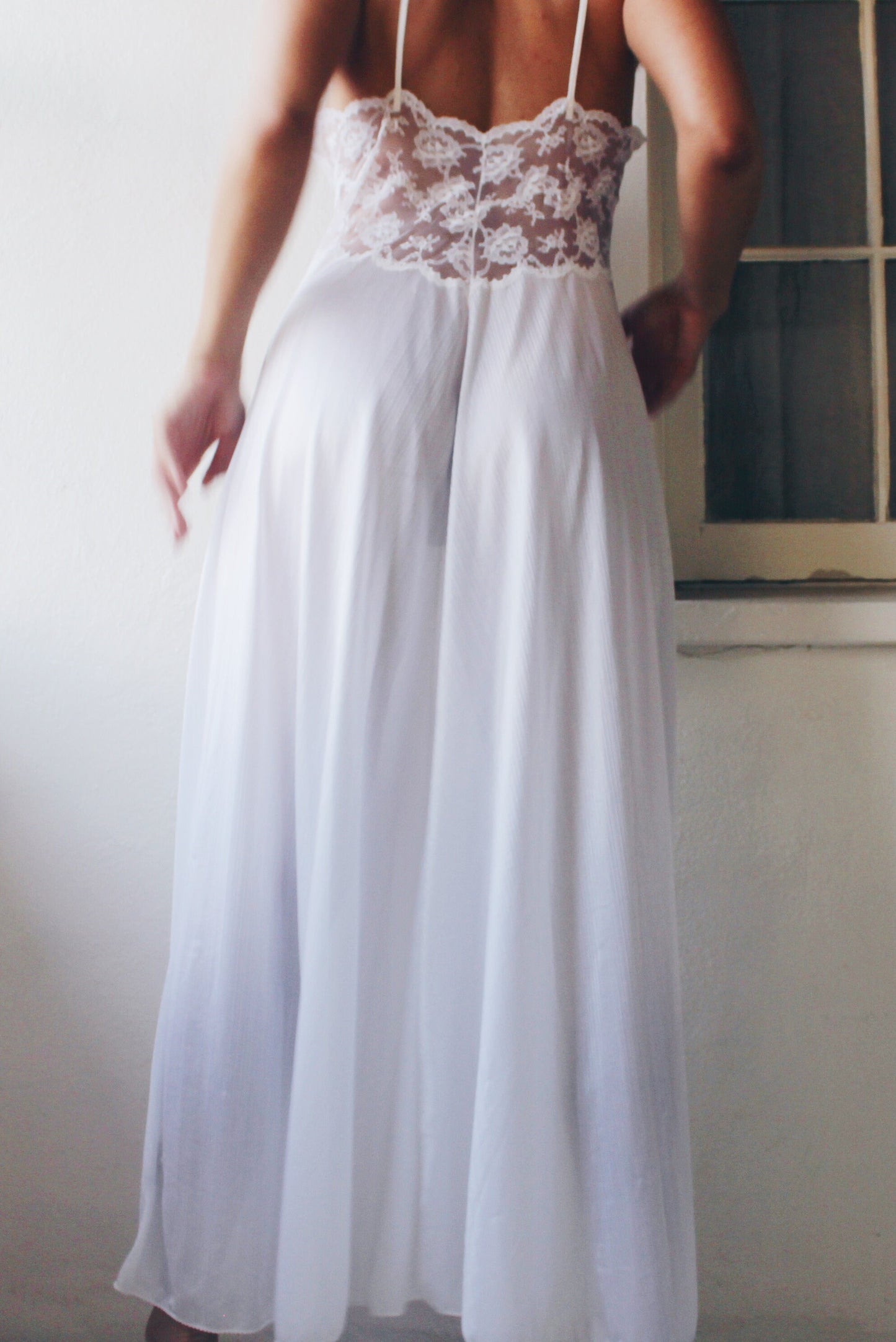 White Lace Maxi Slip / Sheer Lace Sexy Vintage nightgown