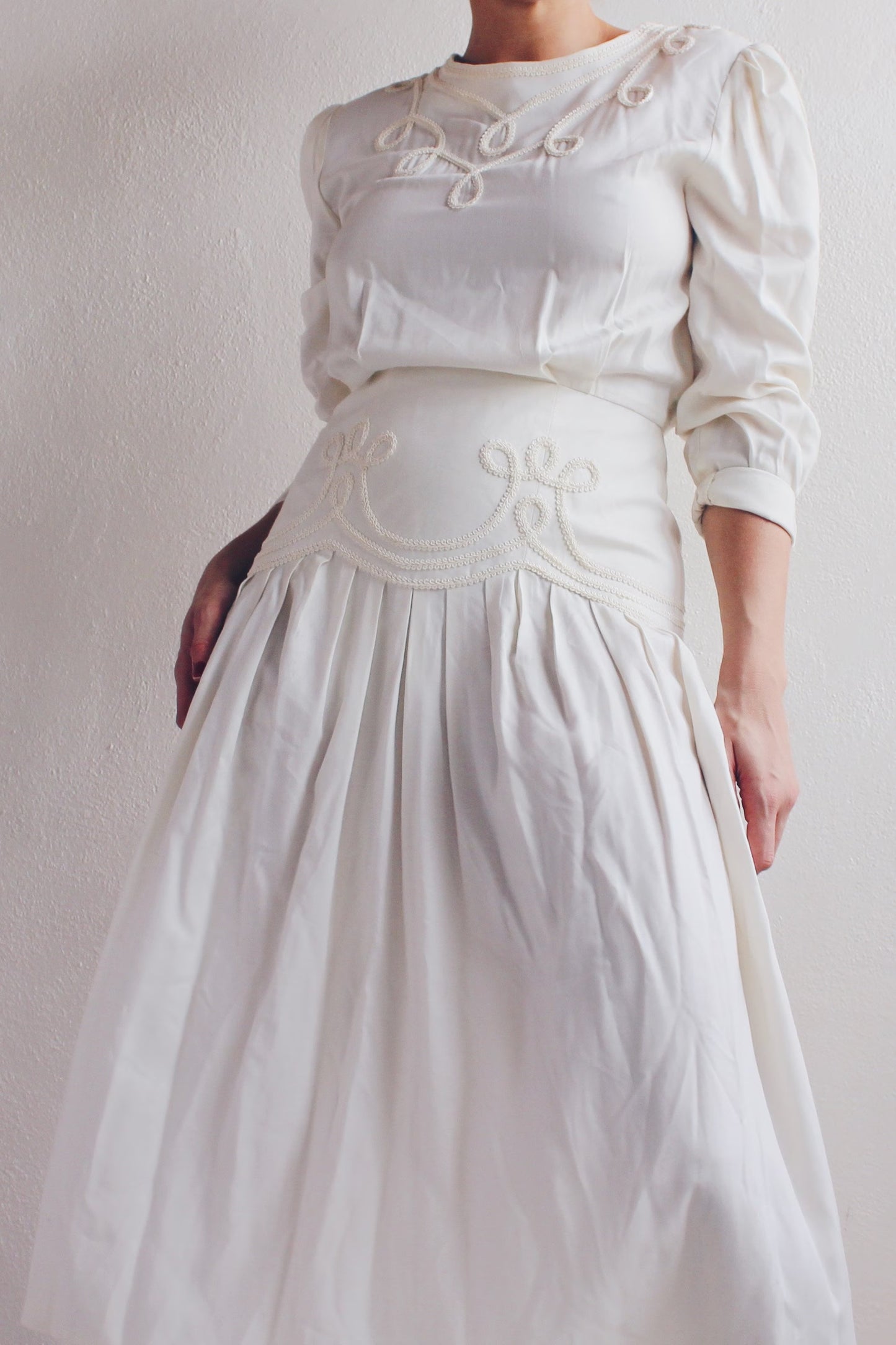 Ivory Long Sleeve Drop Waist Midi Prairie Dress - 70s Edwardian Renewal Cottagecore Style Sundress