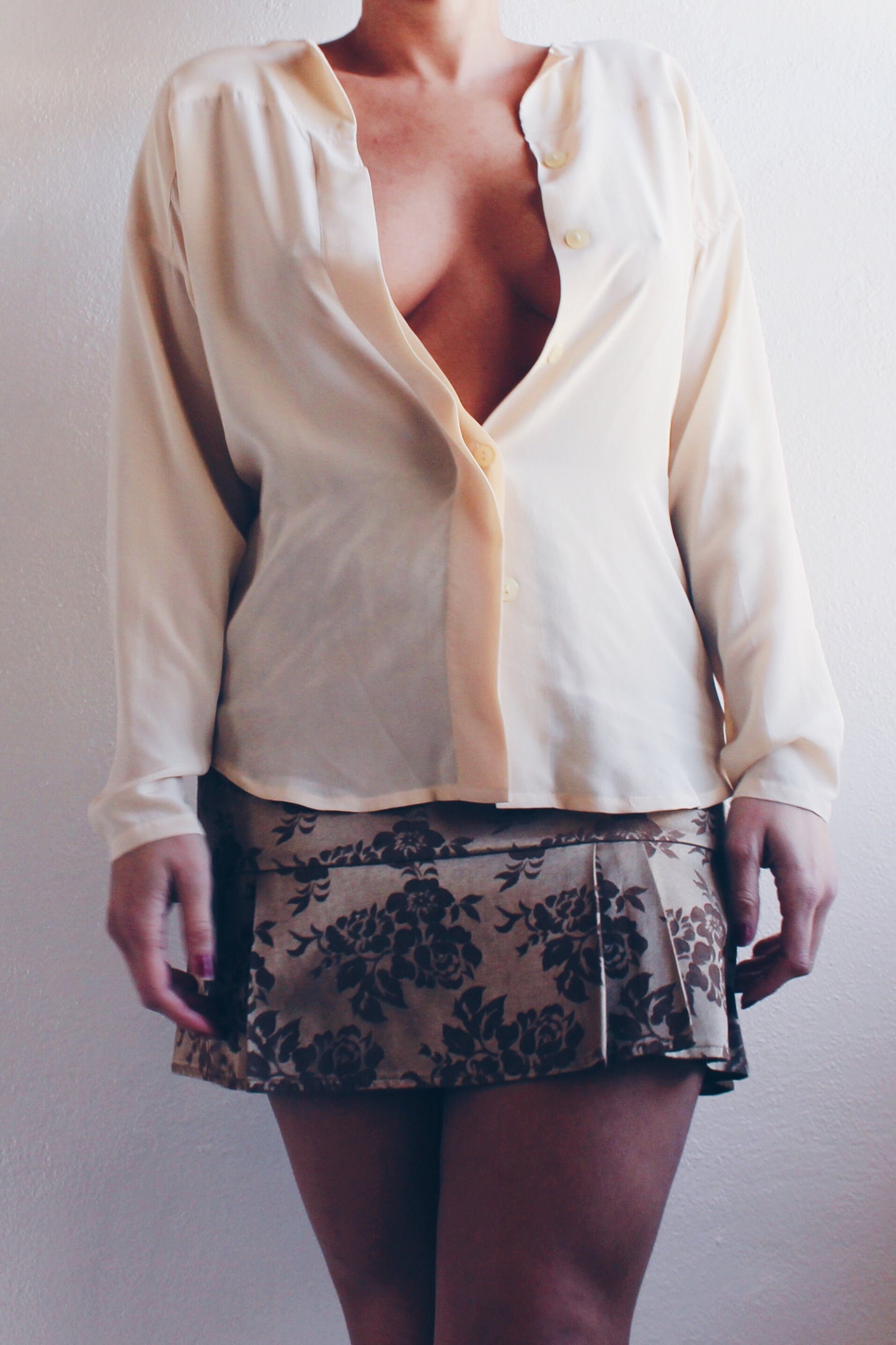 Cream silk vintage blouse / Off white silk button up Top / light weight shirt