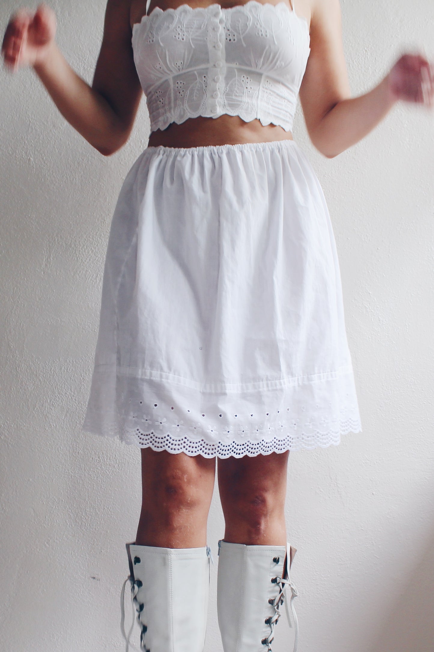 White cotton eyelet slip skirt / vintage victorian style lace midi underskirt