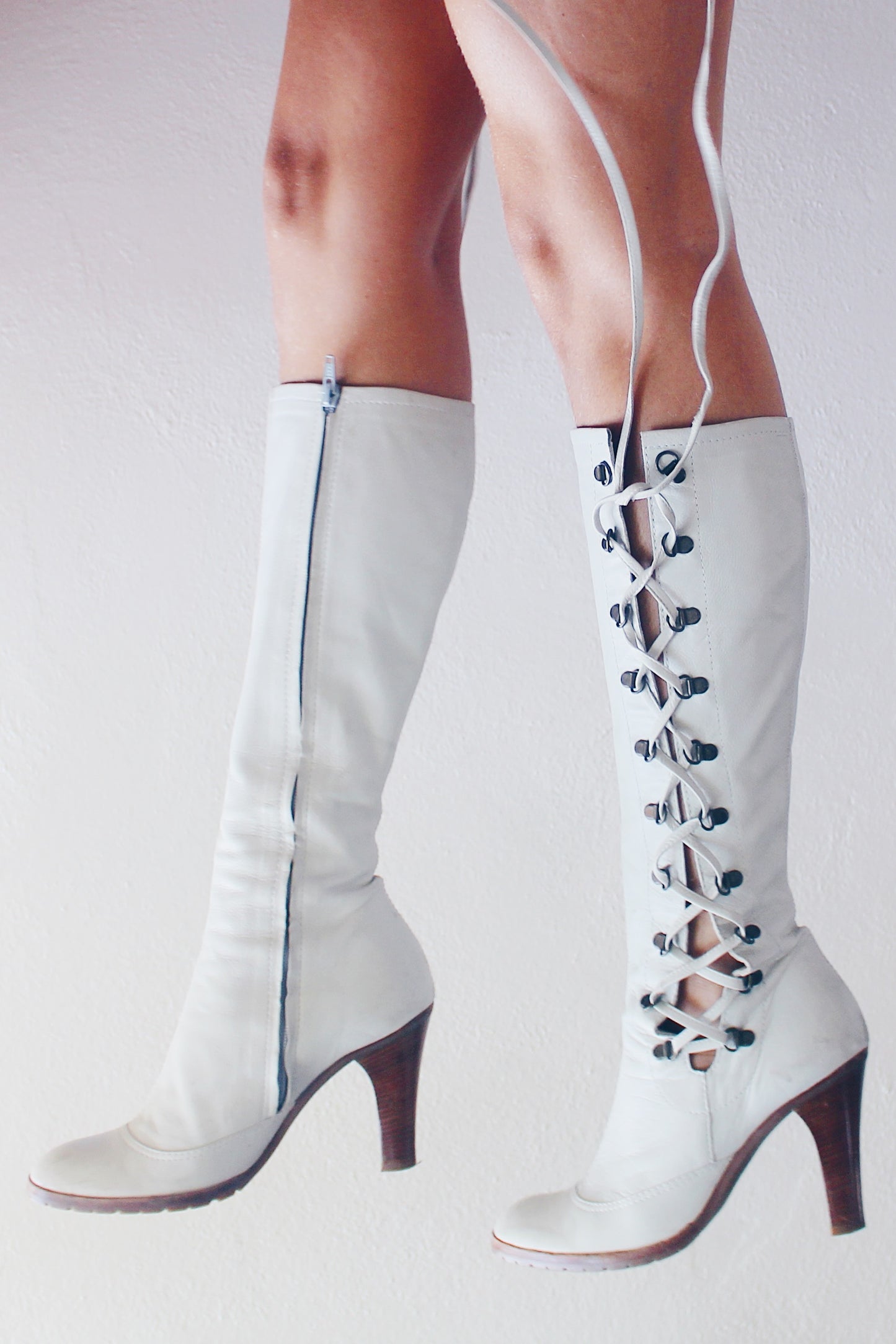 Leather Lace Up Mid Calf Boot / Light Grey Heeled leather cottage boots