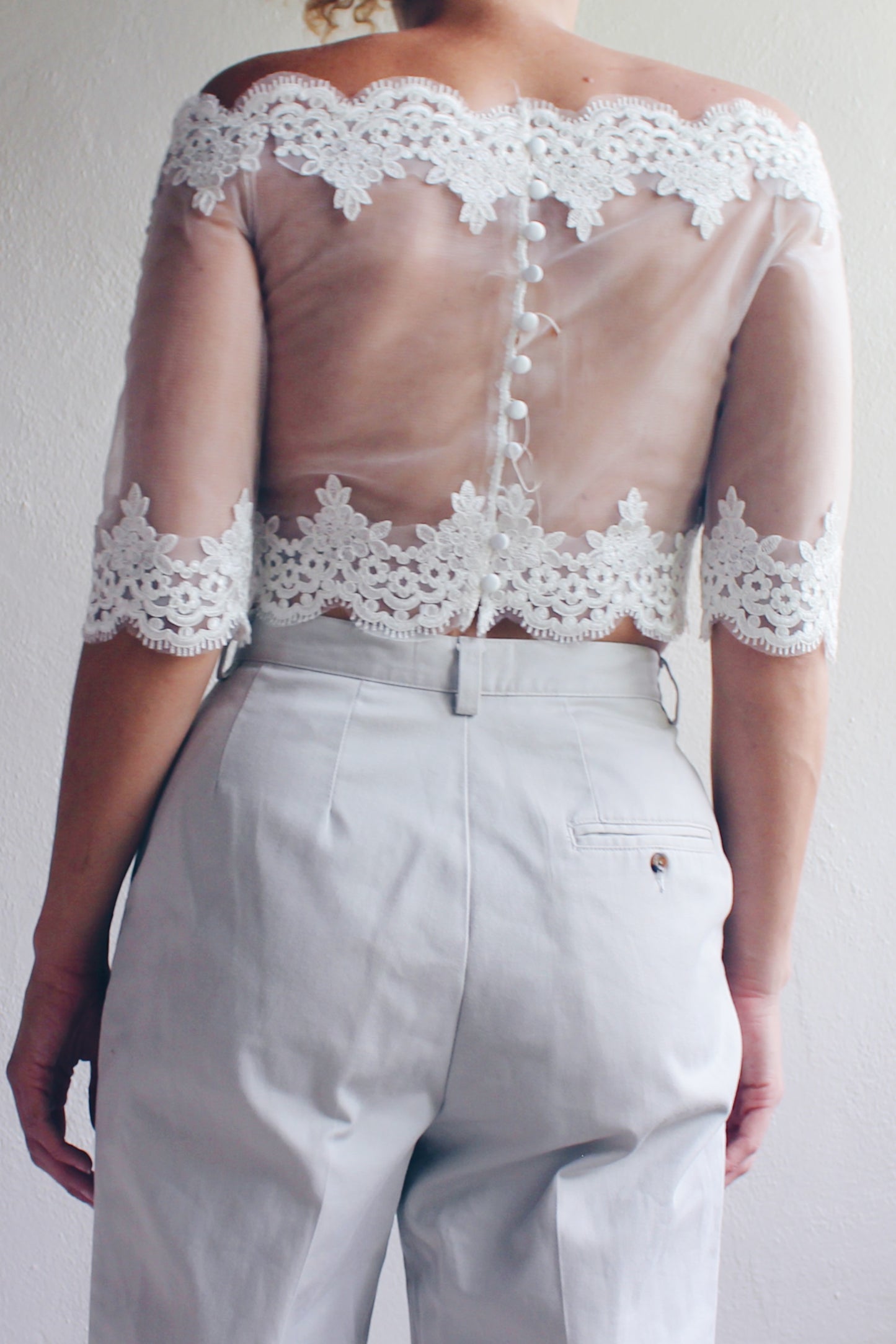 Sheer Mesh Lace Crop Top / Reworked Victorian Off the shoulder Lace cropped Blouse /  Edwardian upcycled shirt