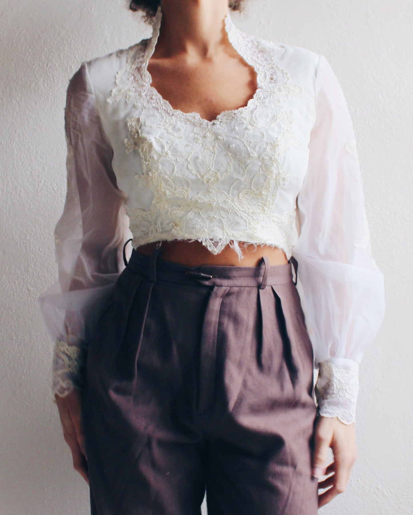 Victorian high Collar Lace Blouse / Edwardian upcycled vintage crop top / Ornate puff sleeve cottage Cropped shirt