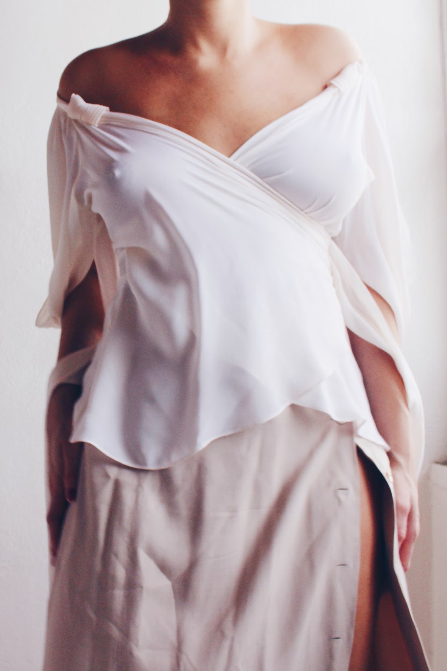 cream silk Athena wrap blouse / Ivory greek goddess open shoulder shirt