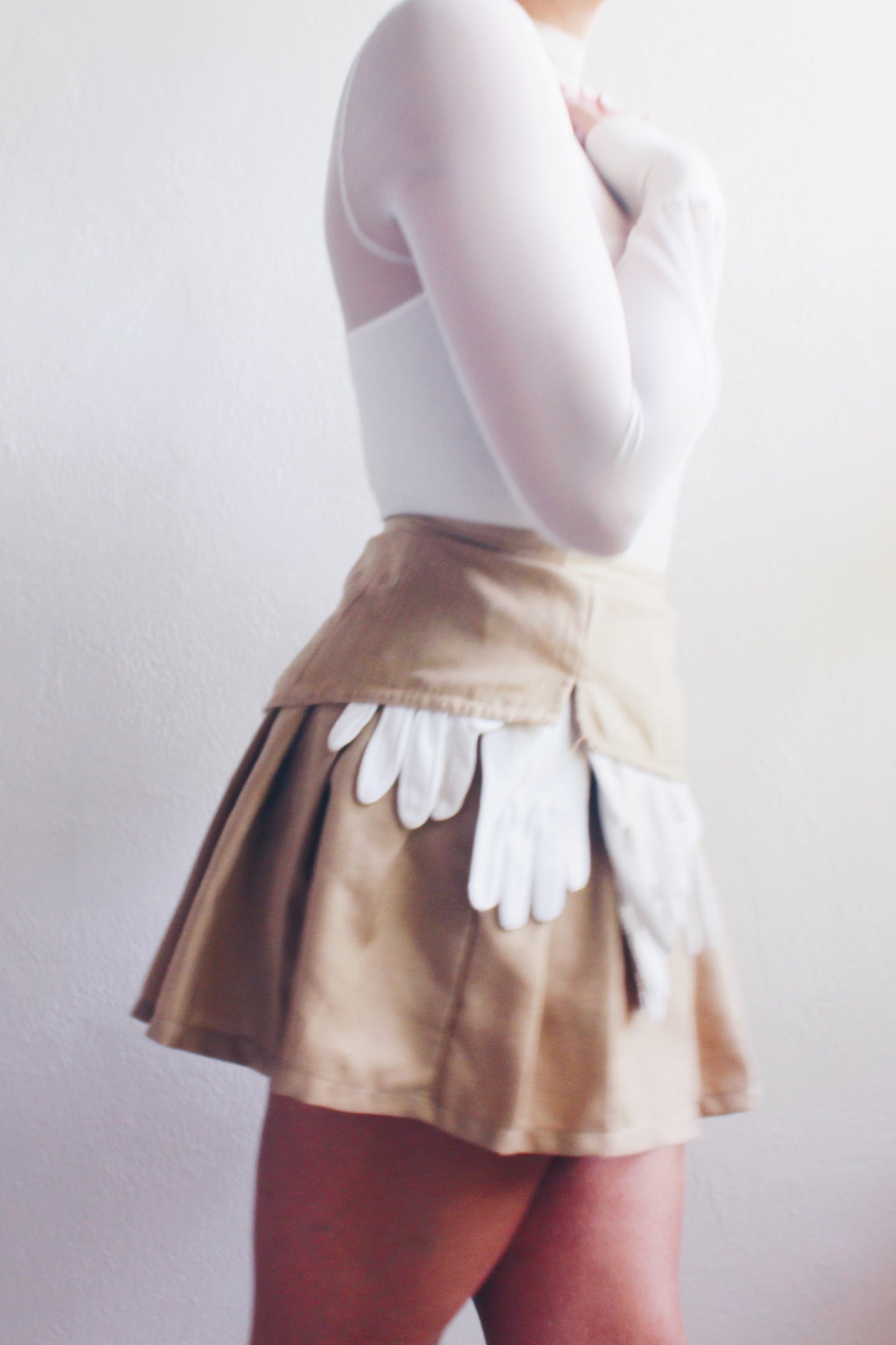 Pleated Asymmetric Mini Skirt / Upcycled Vintage Gloves Khaki Skirt / Handmade Reworkd Ladies Gloves Bottom