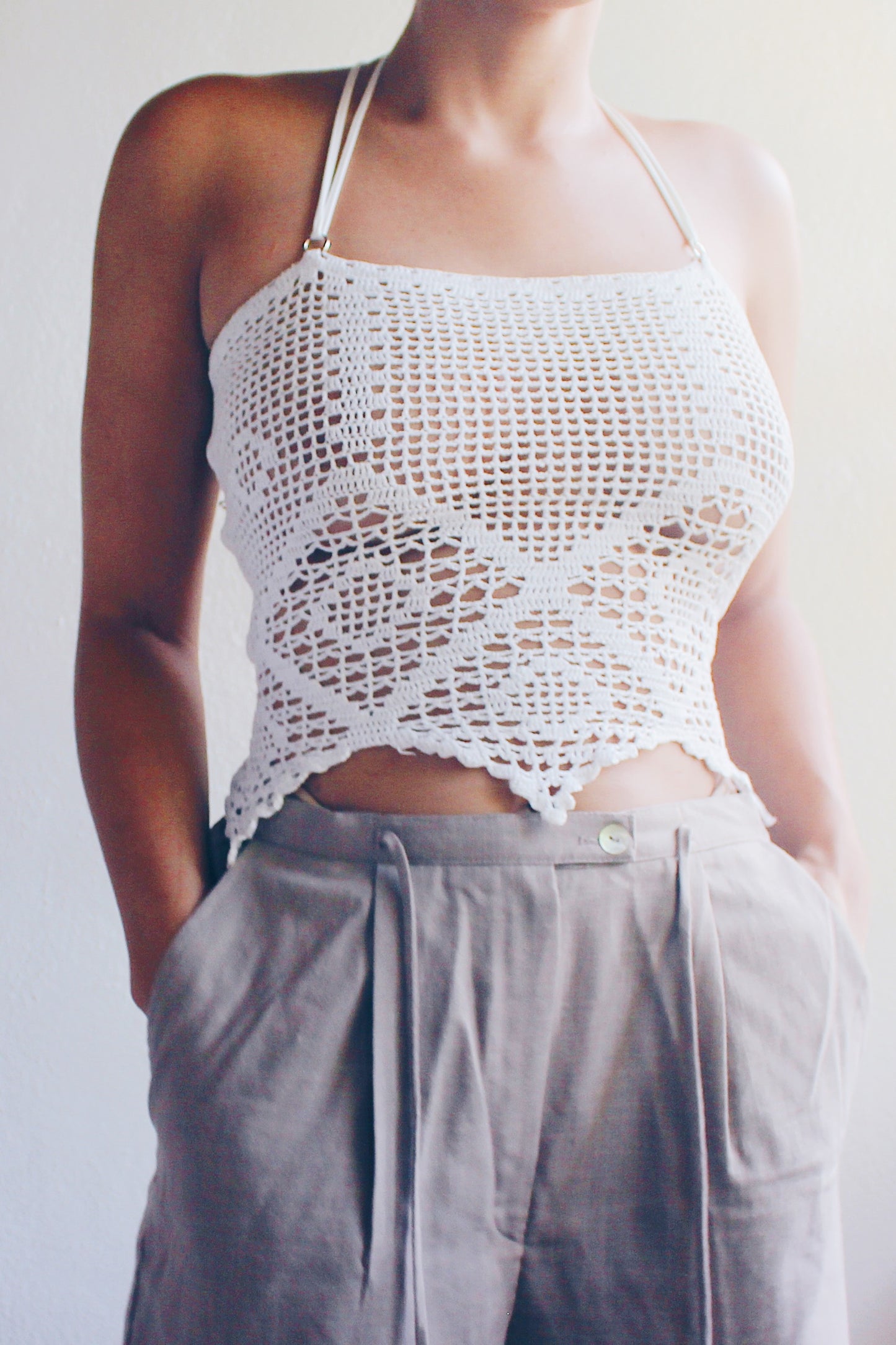 repurposed doily top / upcycled macrame crop top / reworked vintage tank top