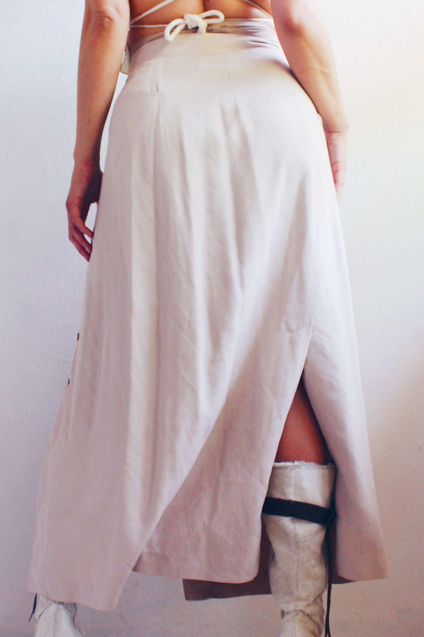 Light Summer Silk Maxi Skirt / Long Casual Khaki button up skirt / 90s Boho Style