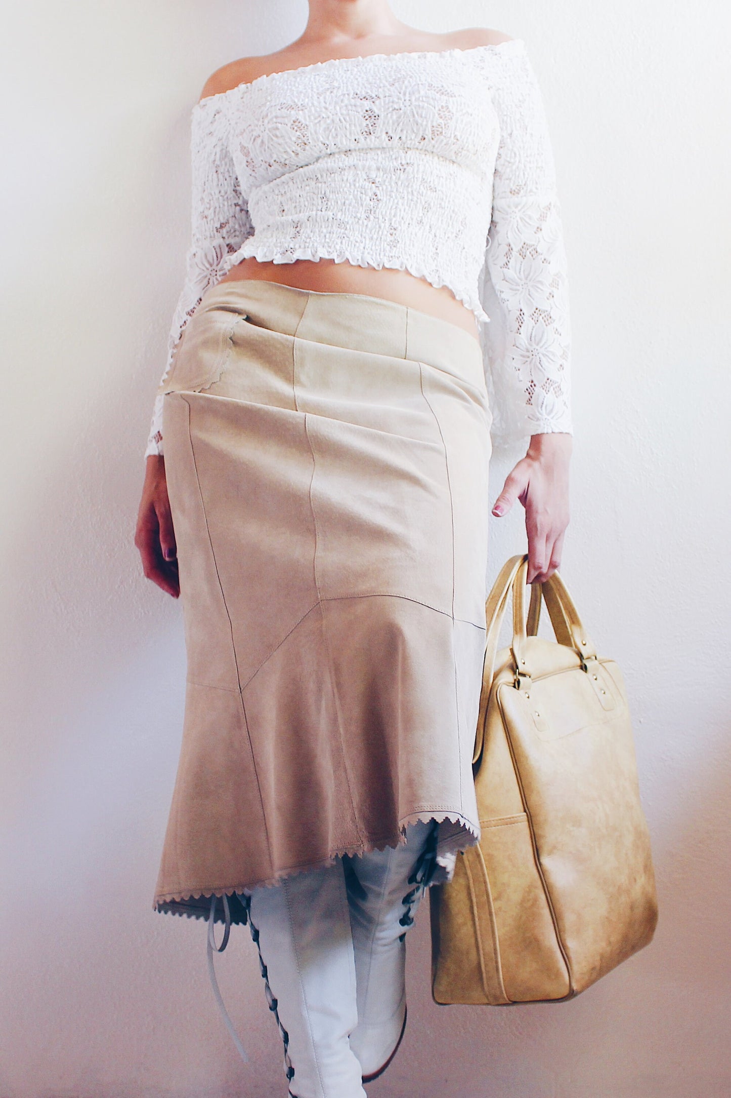 Vintage Y2K Leather Khaki Patchwork Low Waisted Skirt - Boho Southern Style Midi | Perfect for Layering and Summer