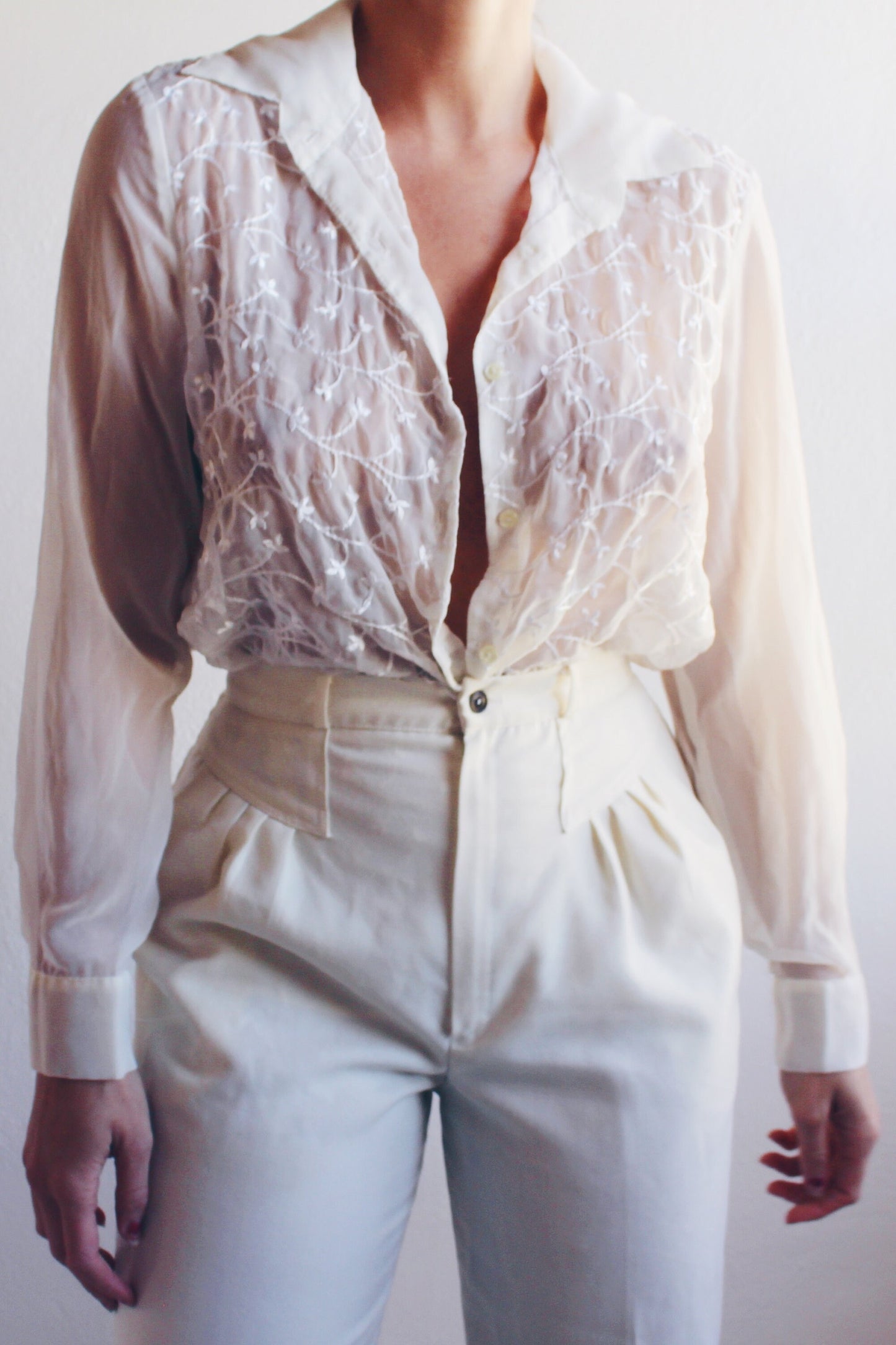 White Floral Embroidered Sheer Blouse / Sheer Ethereal Long Sleeve Shirt / See Through Long Sleeve Top