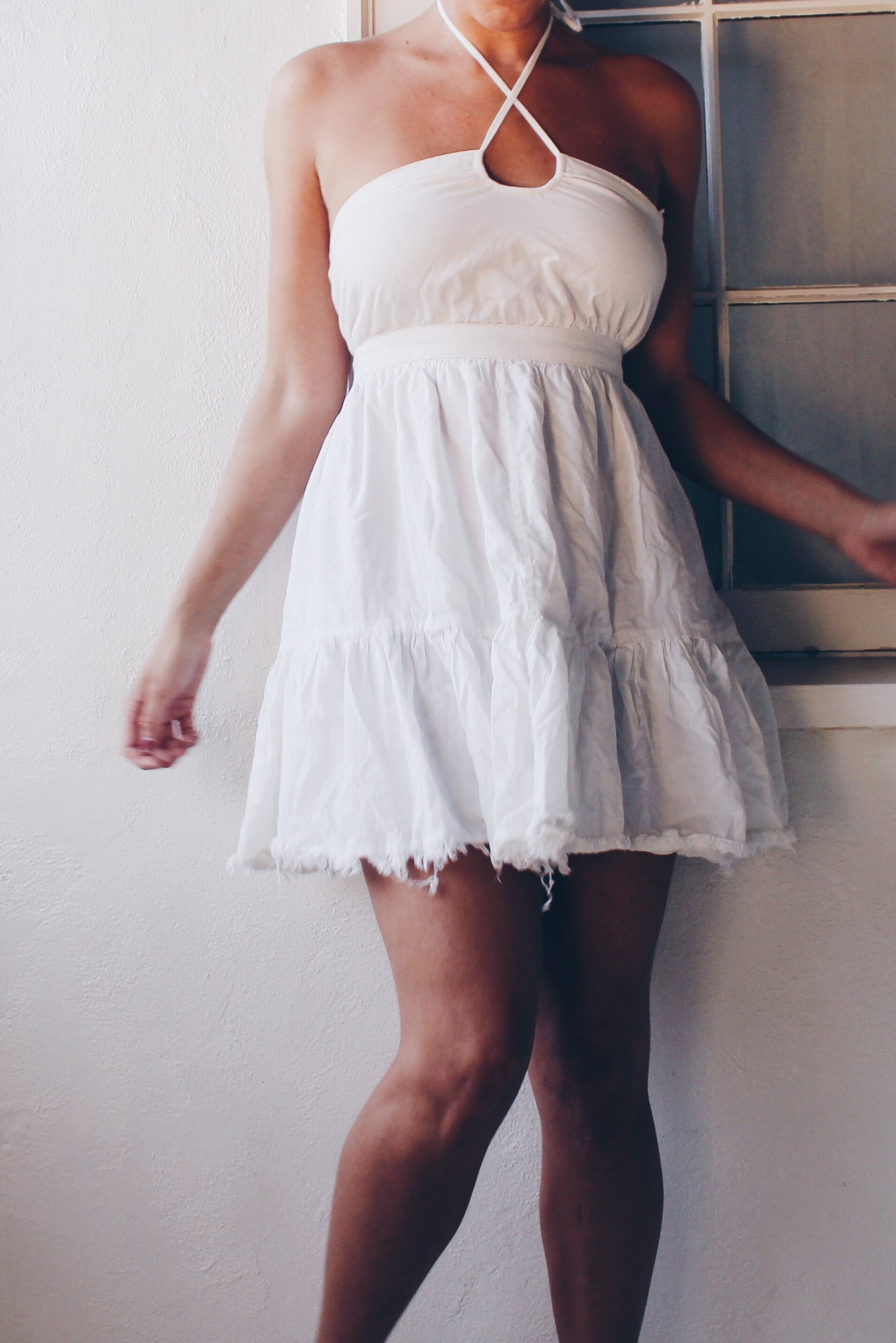 White Cotton Upcycled Vintage Sundress - Halter Top Keyhole Neckline with Raw Bottom Hem | Whimsical Bohemian Cottagecore Style