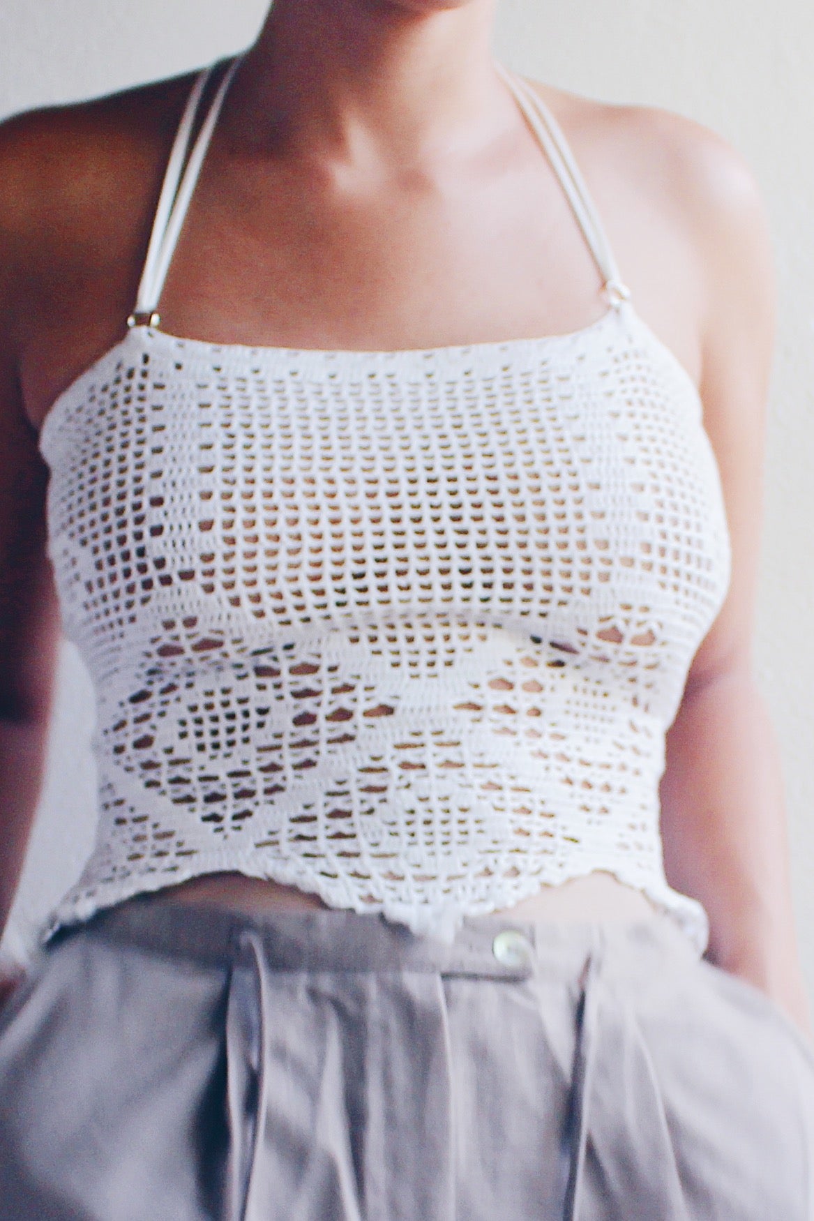 repurposed doily top / upcycled macrame crop top / reworked vintage tank top