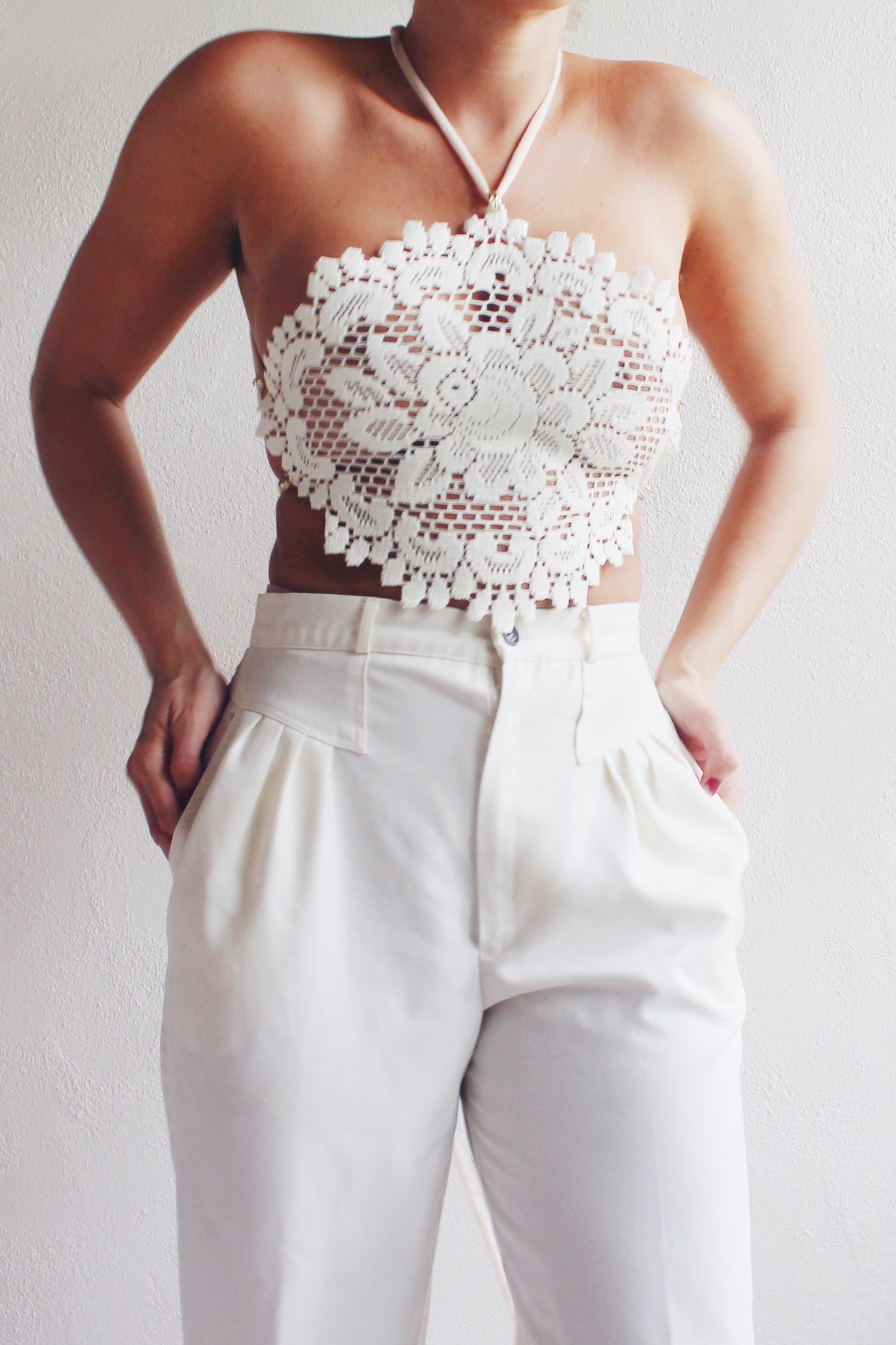 Tea Time crop top / repurposed doily top / upcycled crochet macrame tank / reworked vintage tank top