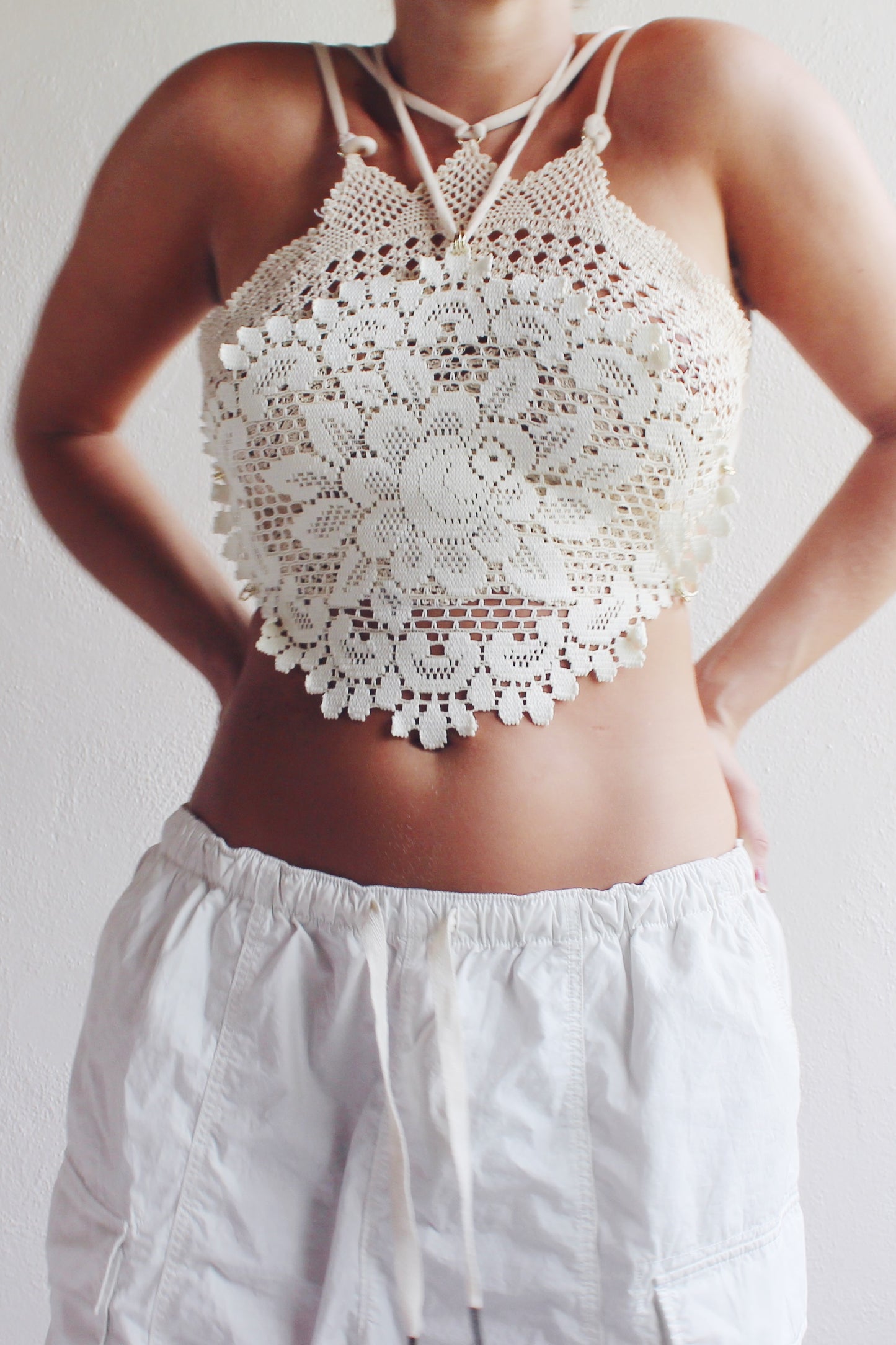 Tea Time crop top / repurposed doily top / upcycled crochet macrame tank / reworked vintage tank top