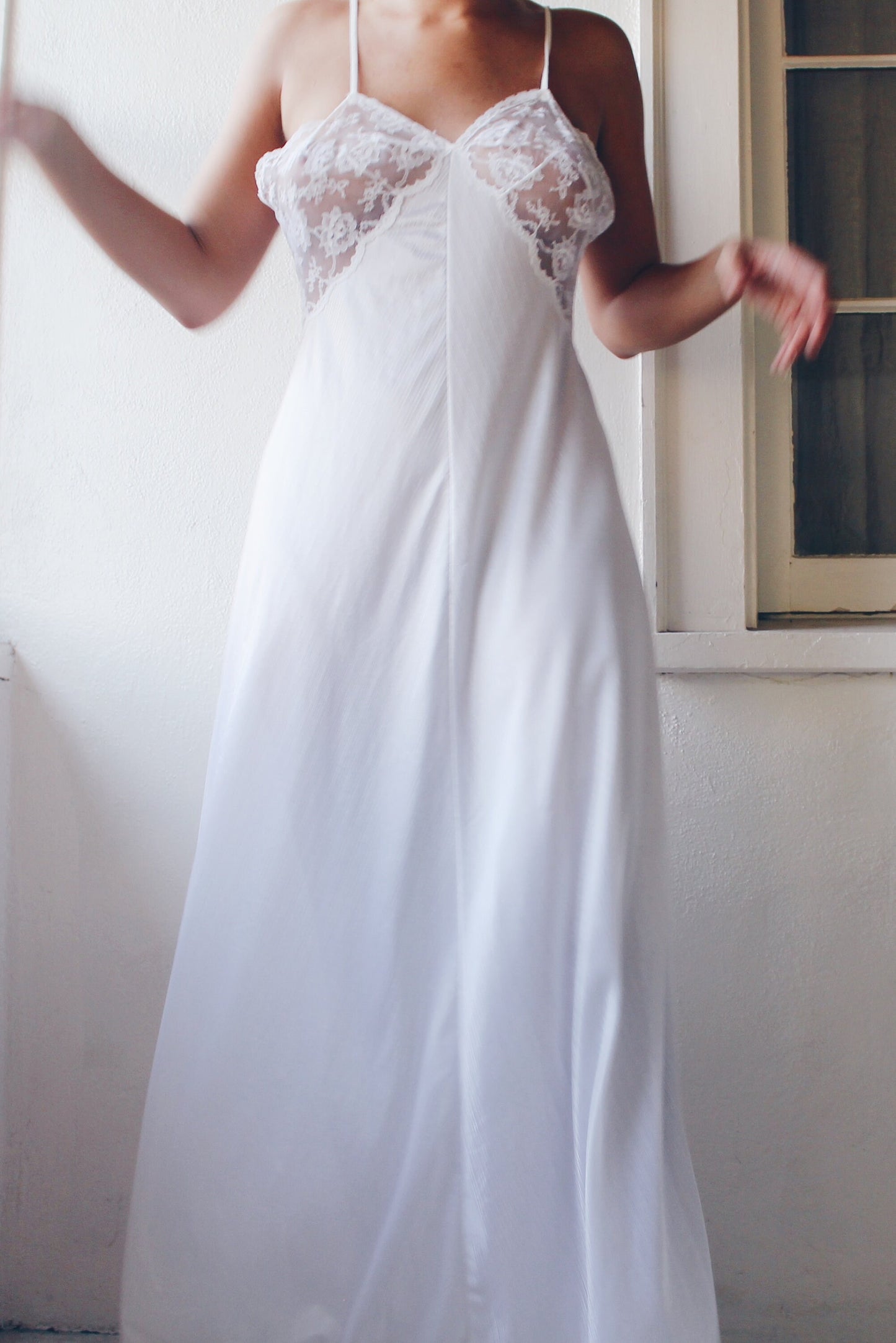 White Lace Maxi Slip / Sheer Lace Sexy Vintage nightgown