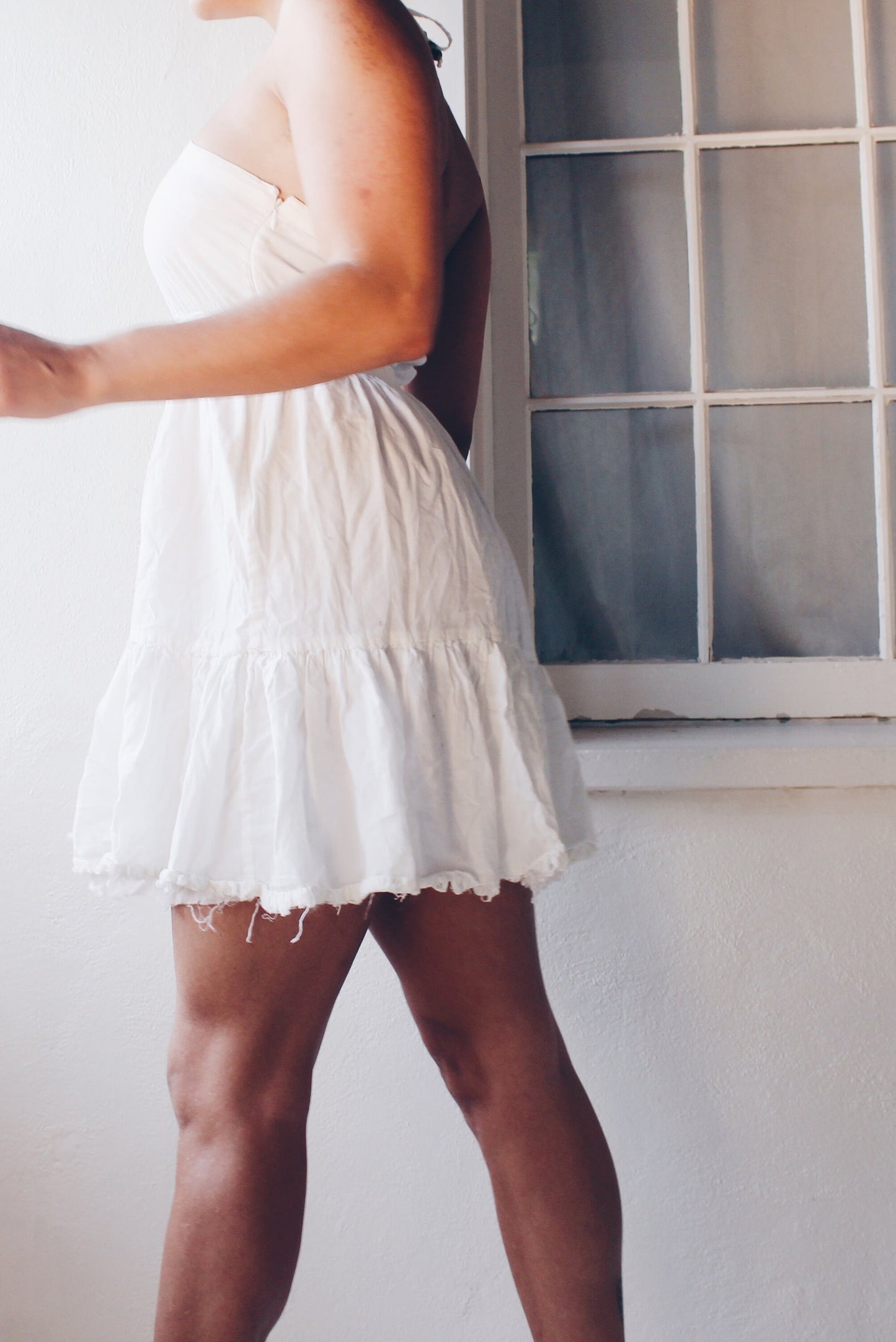 White Cotton Upcycled Vintage Sundress - Halter Top Keyhole Neckline with Raw Bottom Hem | Whimsical Bohemian Cottagecore Style