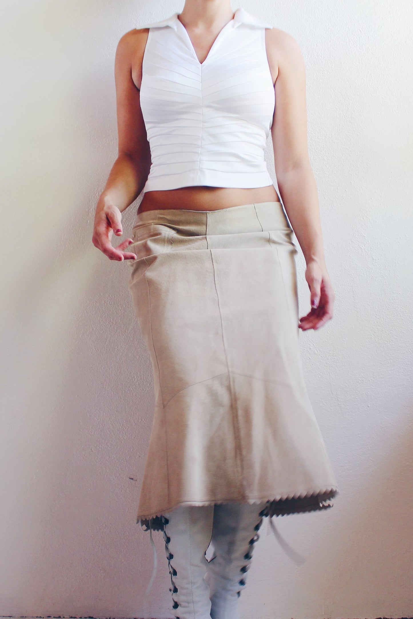 Vintage Y2K Leather Khaki Patchwork Low Waisted Skirt - Boho Southern Style Midi | Perfect for Layering and Summer