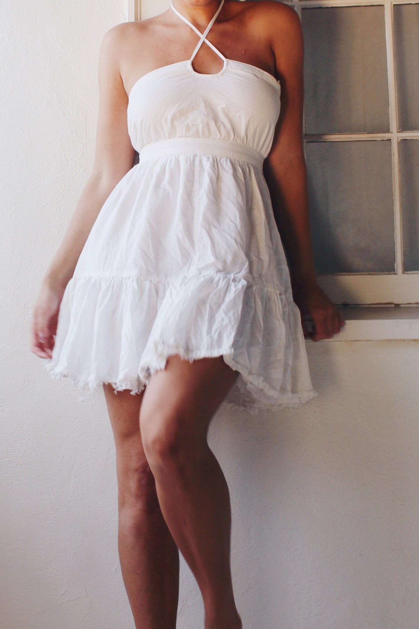 White Cotton Upcycled Vintage Sundress - Halter Top Keyhole Neckline with Raw Bottom Hem | Whimsical Bohemian Cottagecore Style