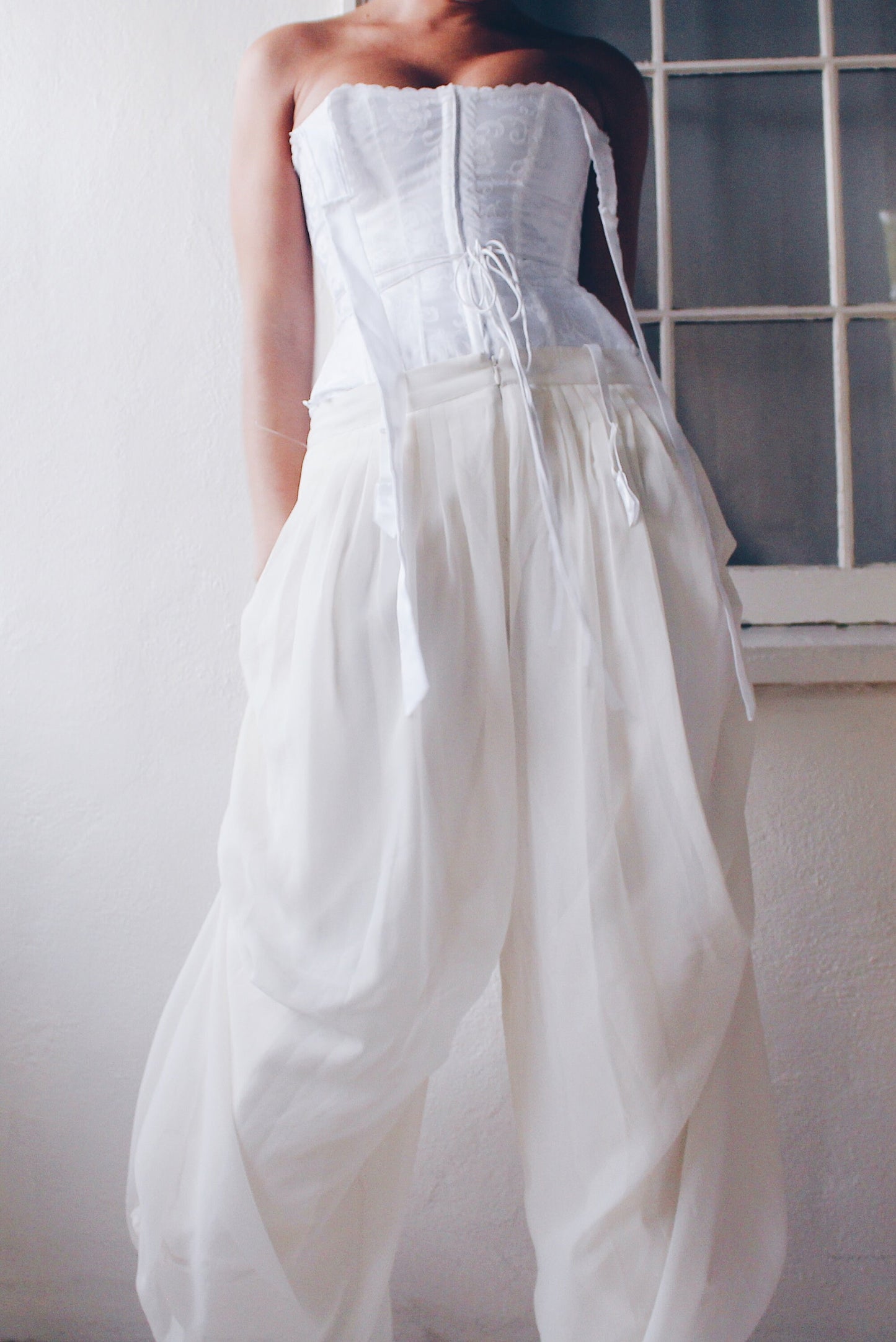 Pleated White High Waisted Parachute style pants /  Ivory Cinched Wide Leg formal pants