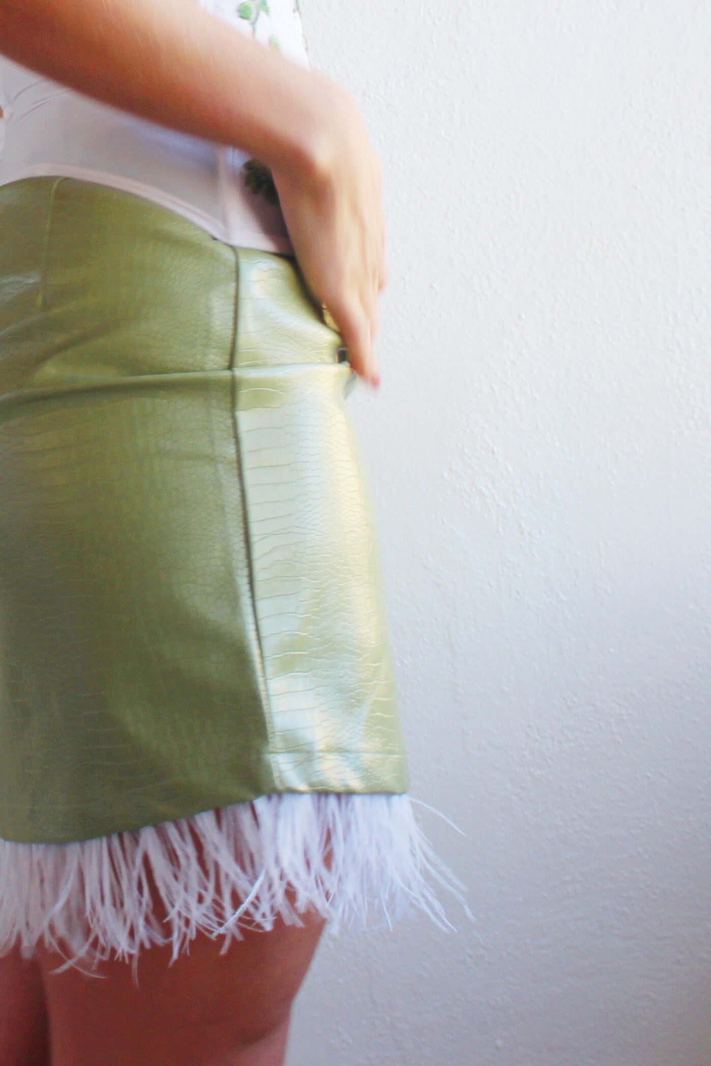 Green Snake Print Faux leather miniskirt / Olive high waisted vegan leather skirt / ostrich feather skirt