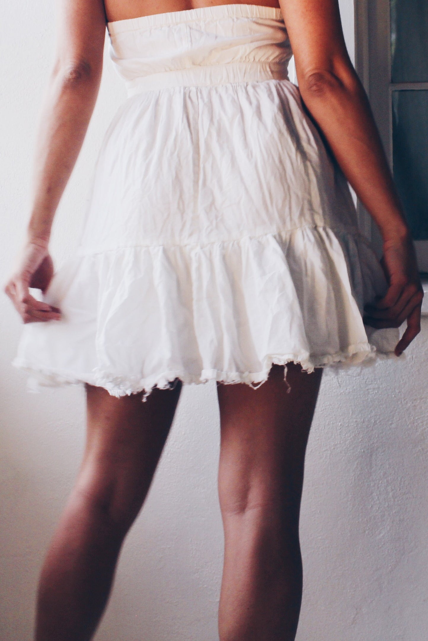 White Cotton Upcycled Vintage Sundress - Halter Top Keyhole Neckline with Raw Bottom Hem | Whimsical Bohemian Cottagecore Style