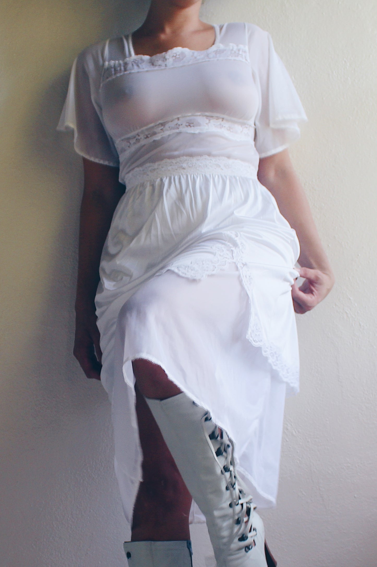 Whimsical Sheer White Lace Maxi Slip / Sheer Lace Wendy  Vintage nightgown