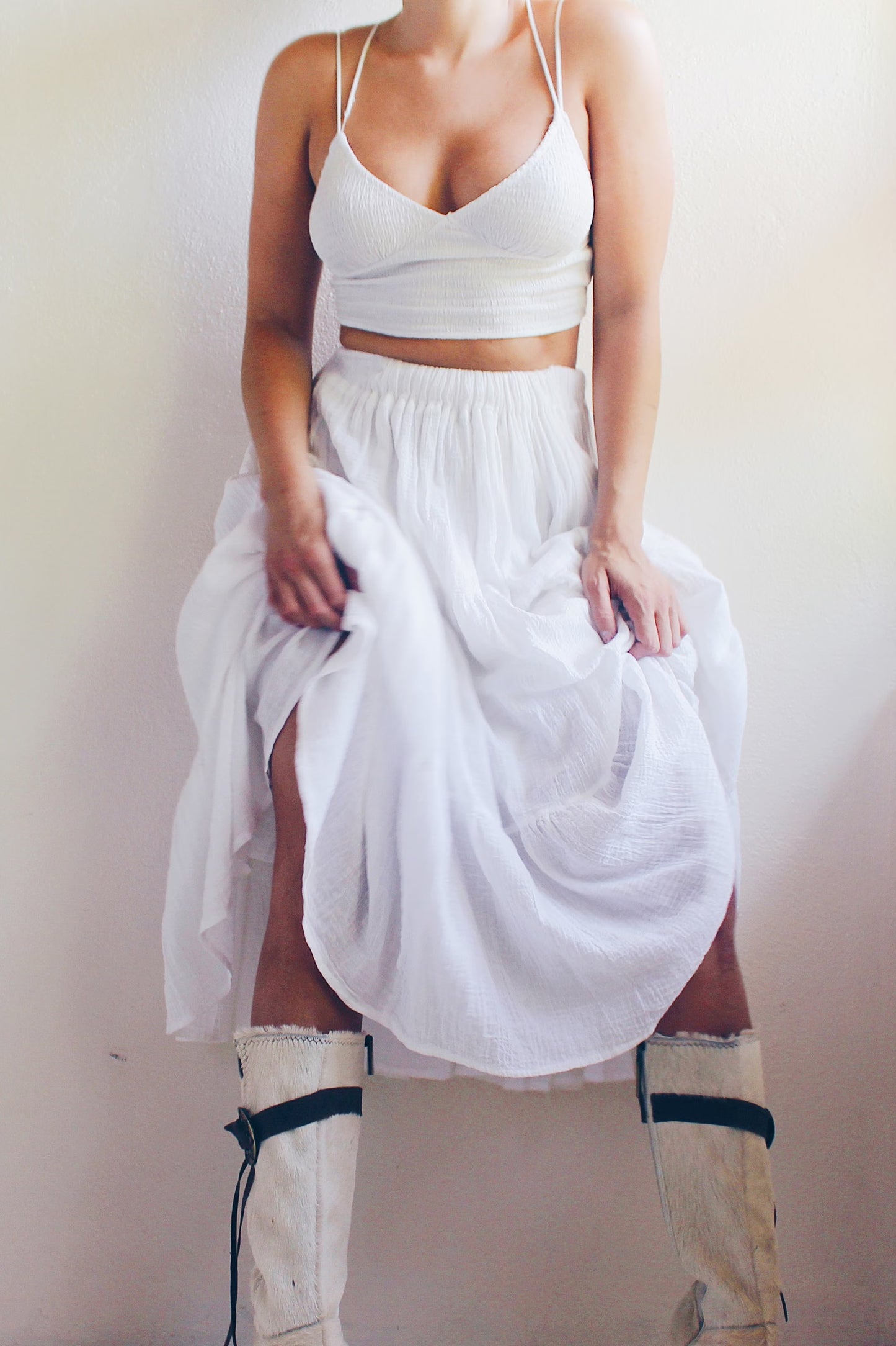 White Gauze Flowing Peasant Skirt / Cosston Layered Circle Midi Skirt