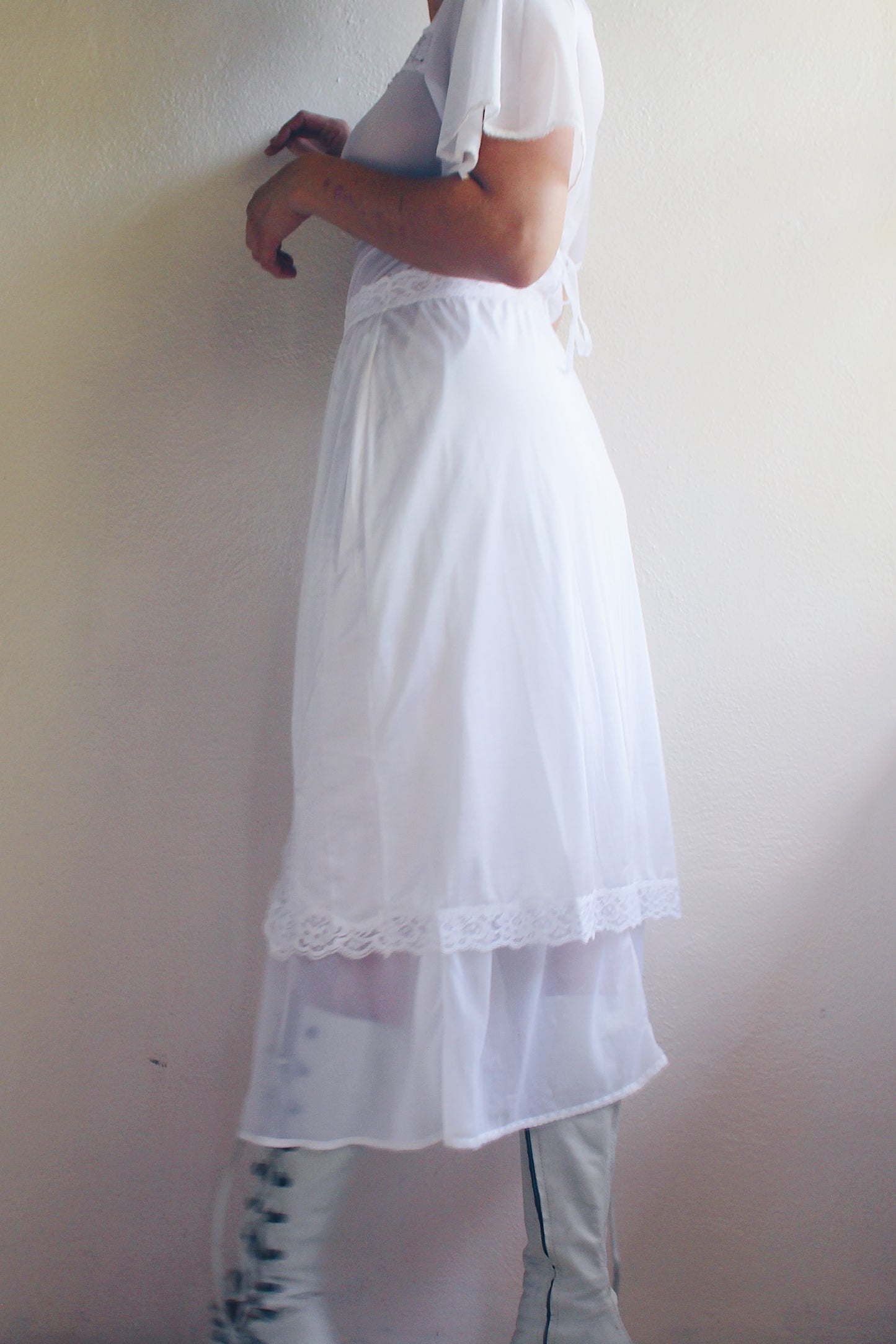 Whimsical Sheer White Lace Maxi Slip / Sheer Lace Wendy  Vintage nightgown