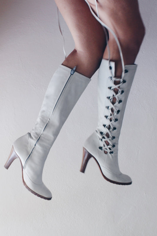 Leather Lace Up Mid Calf Boot / Light Grey Heeled leather cottage boots