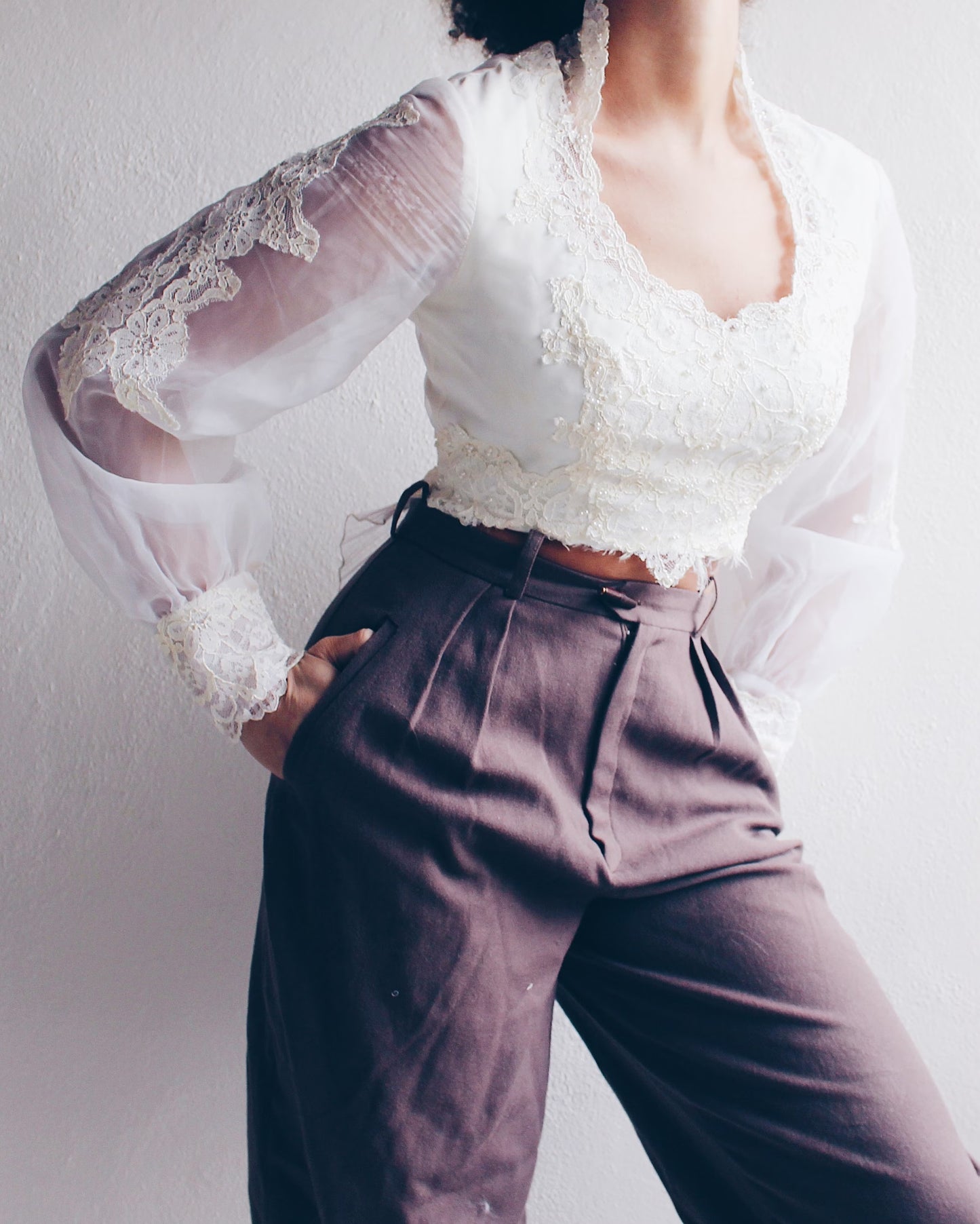 Victorian high Collar Lace Blouse / Edwardian upcycled vintage crop top / Ornate puff sleeve cottage Cropped shirt