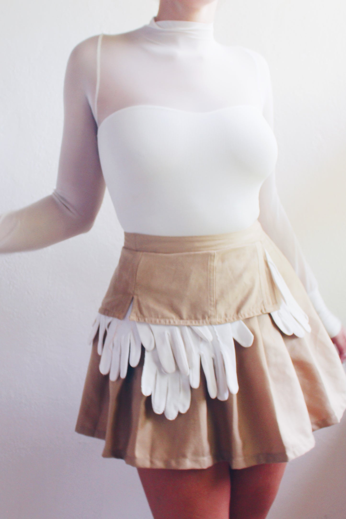 Pleated Asymmetric Mini Skirt / Upcycled Vintage Gloves Khaki Skirt / Handmade Reworkd Ladies Gloves Bottom