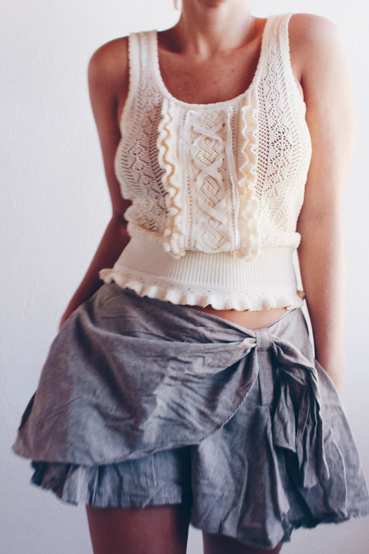 Vintage Cream Knit Tank Top - Frill Ruffle Bust & Cinched Waist | Cute Cottagecore Coquette summer camisole