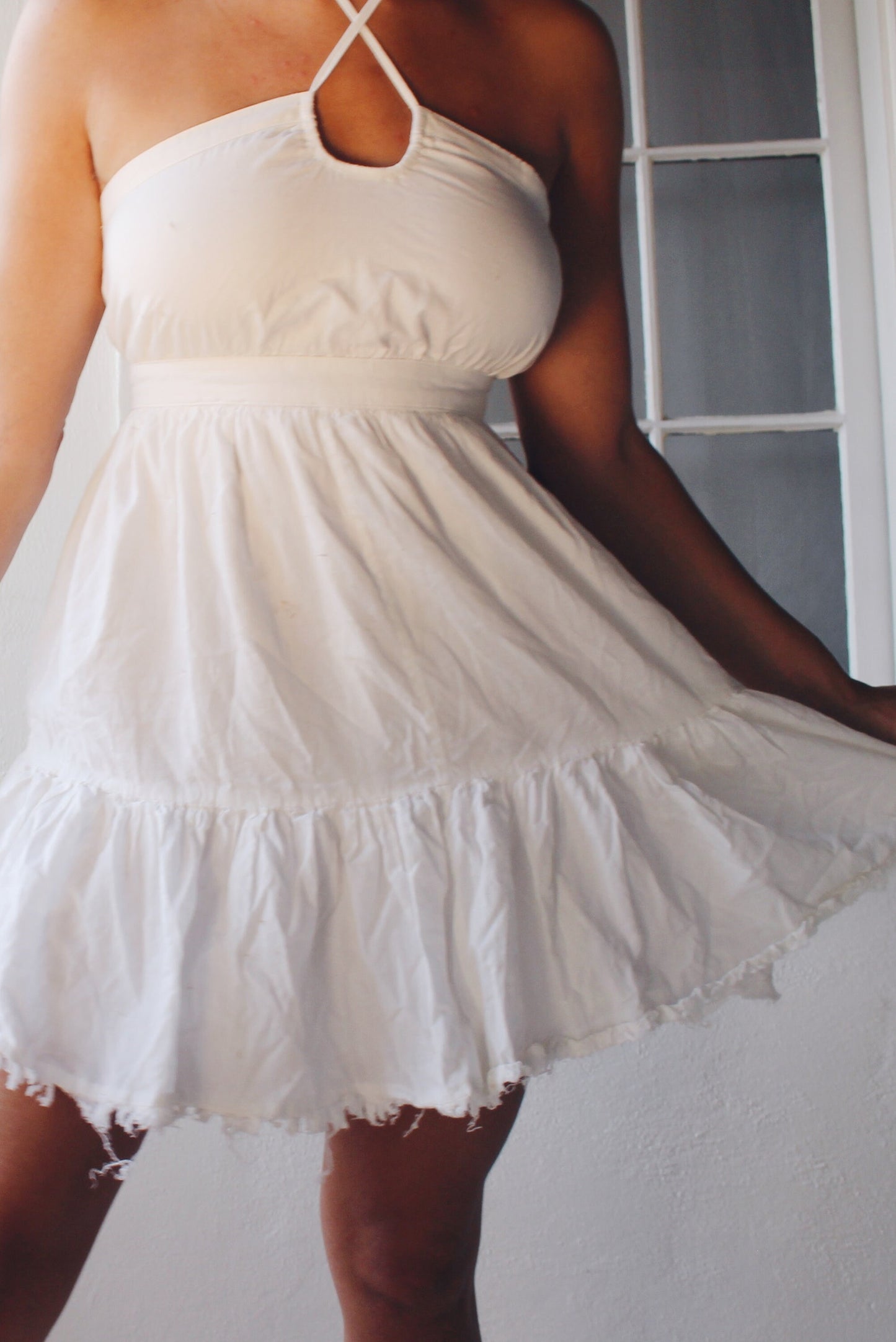 White Cotton Upcycled Vintage Sundress - Halter Top Keyhole Neckline with Raw Bottom Hem | Whimsical Bohemian Cottagecore Style