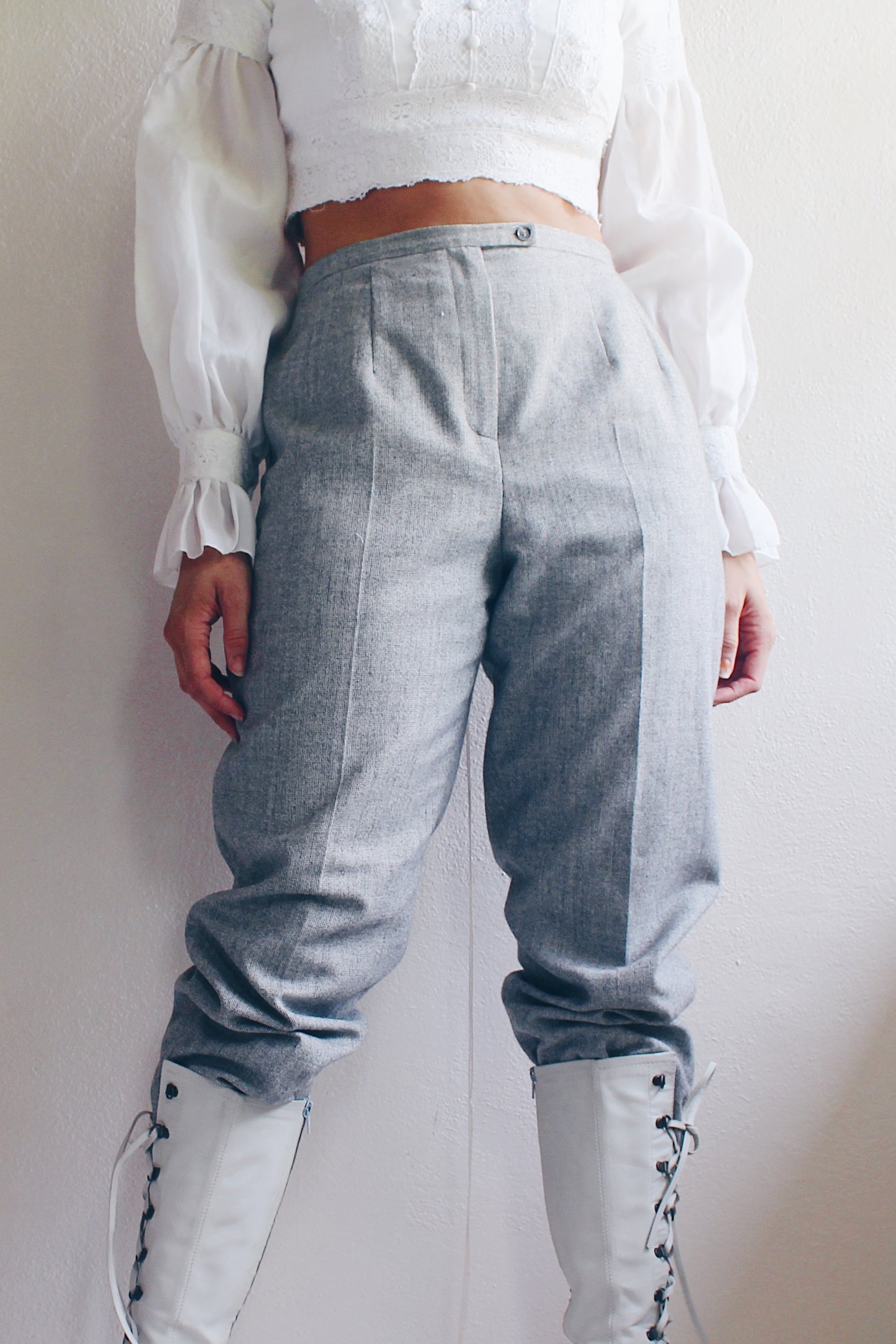 Vintage Harve Bernard Light Grey Wool Pants - Chic Cottagecore Minimalist Style | Women's Vintage Trousers