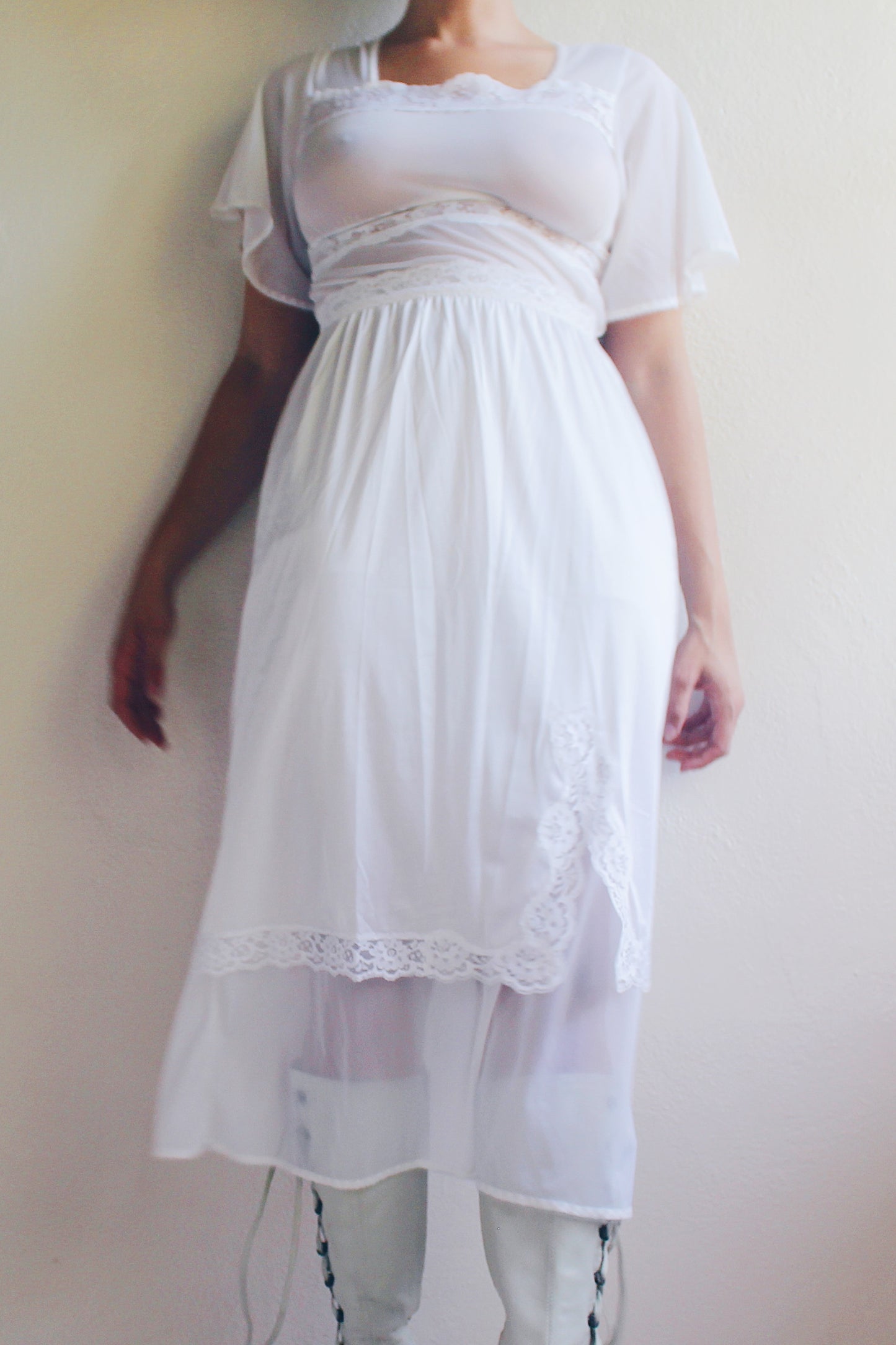 Whimsical Sheer White Lace Maxi Slip / Sheer Lace Wendy  Vintage nightgown