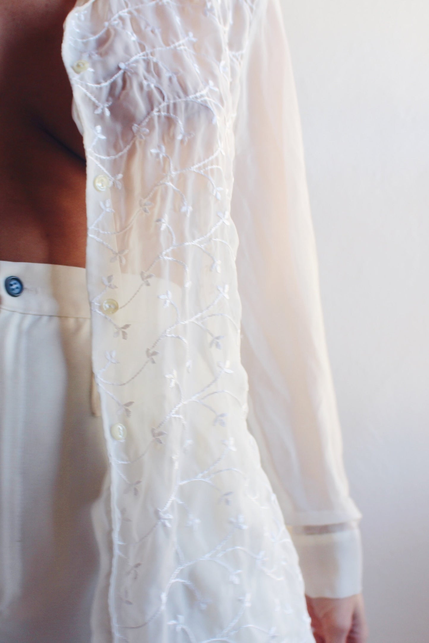 White Floral Embroidered Sheer Blouse / Sheer Ethereal Long Sleeve Shirt / See Through Long Sleeve Top