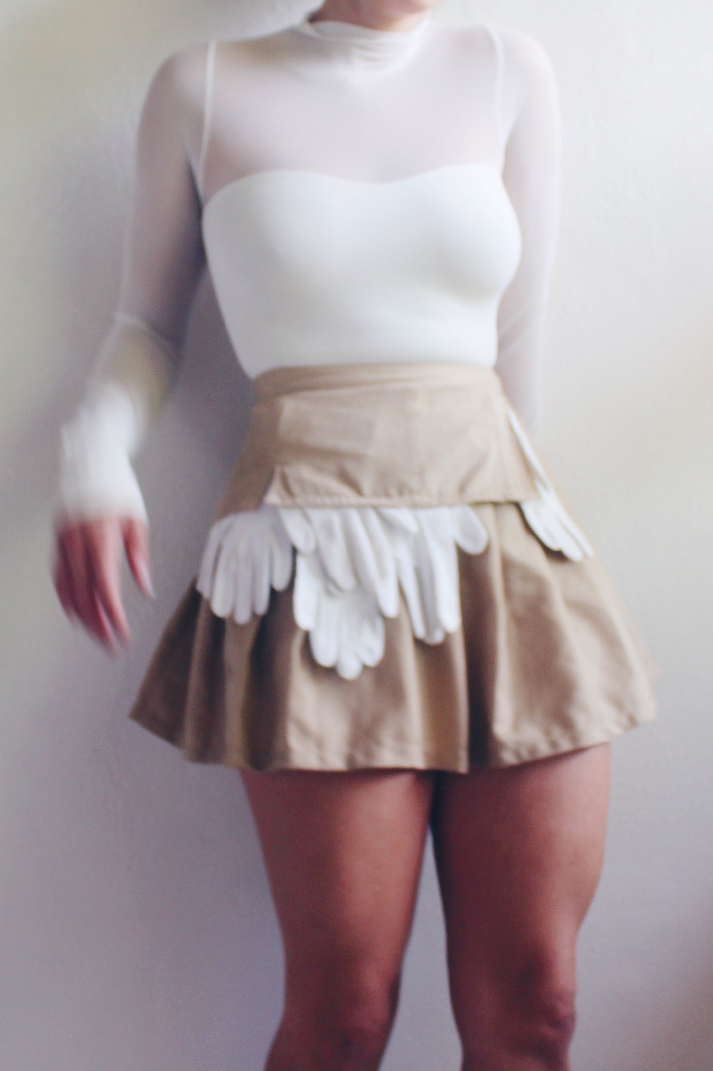 Pleated Asymmetric Mini Skirt / Upcycled Vintage Gloves Khaki Skirt / Handmade Reworkd Ladies Gloves Bottom