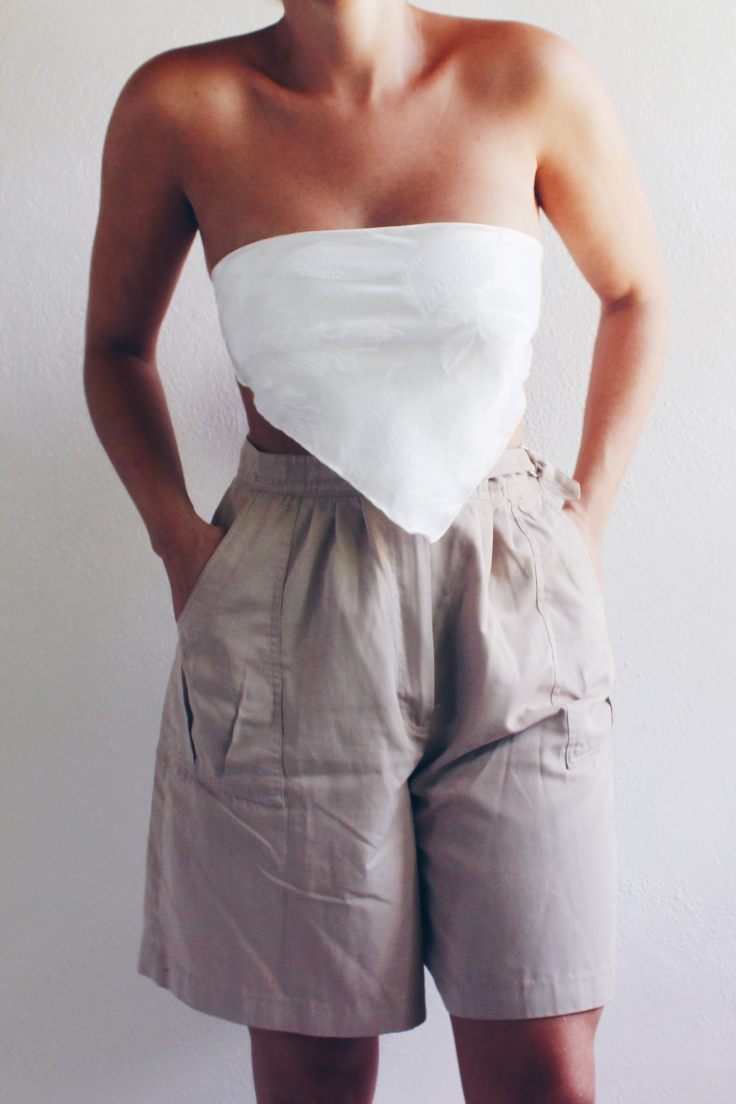 Reworked French hanky hem shirt / White floral Upcycled Bandeau / baroque Tapestry Haltar Crop Top