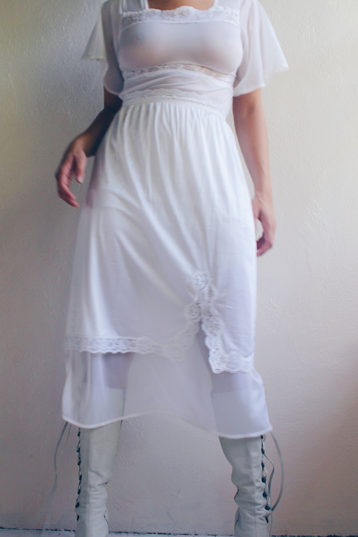 Whimsical Sheer White Lace Maxi Slip / Sheer Lace Wendy  Vintage nightgown