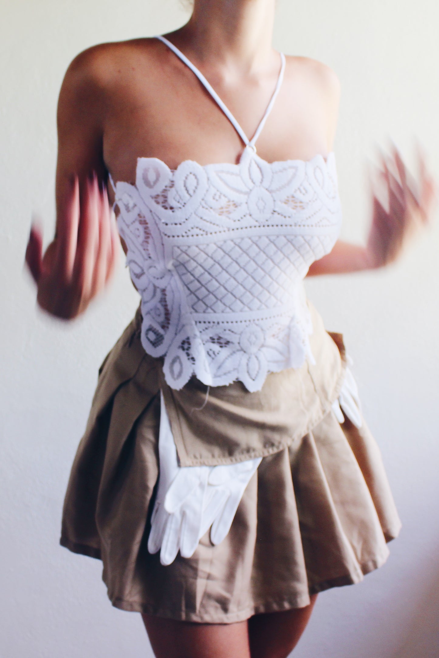 Tea Time crop top / repurposed doily tube top / upcycled crochet macrame tank / reworked lace up vintage tank top