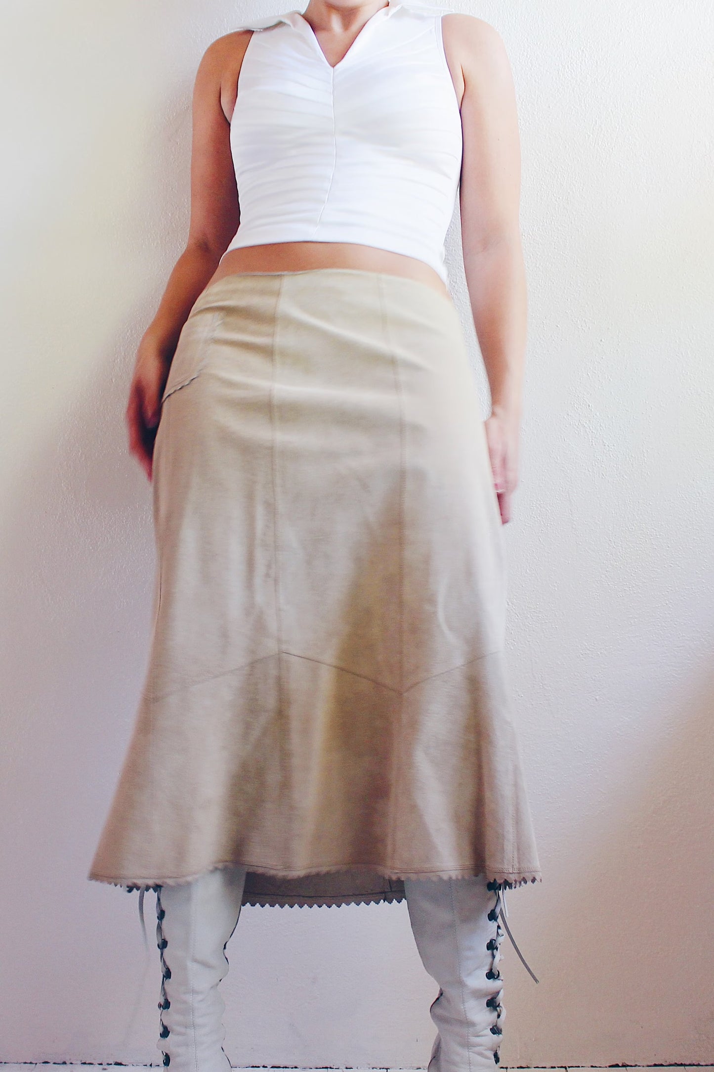 Vintage Y2K Leather Khaki Patchwork Low Waisted Skirt - Boho Southern Style Midi | Perfect for Layering and Summer