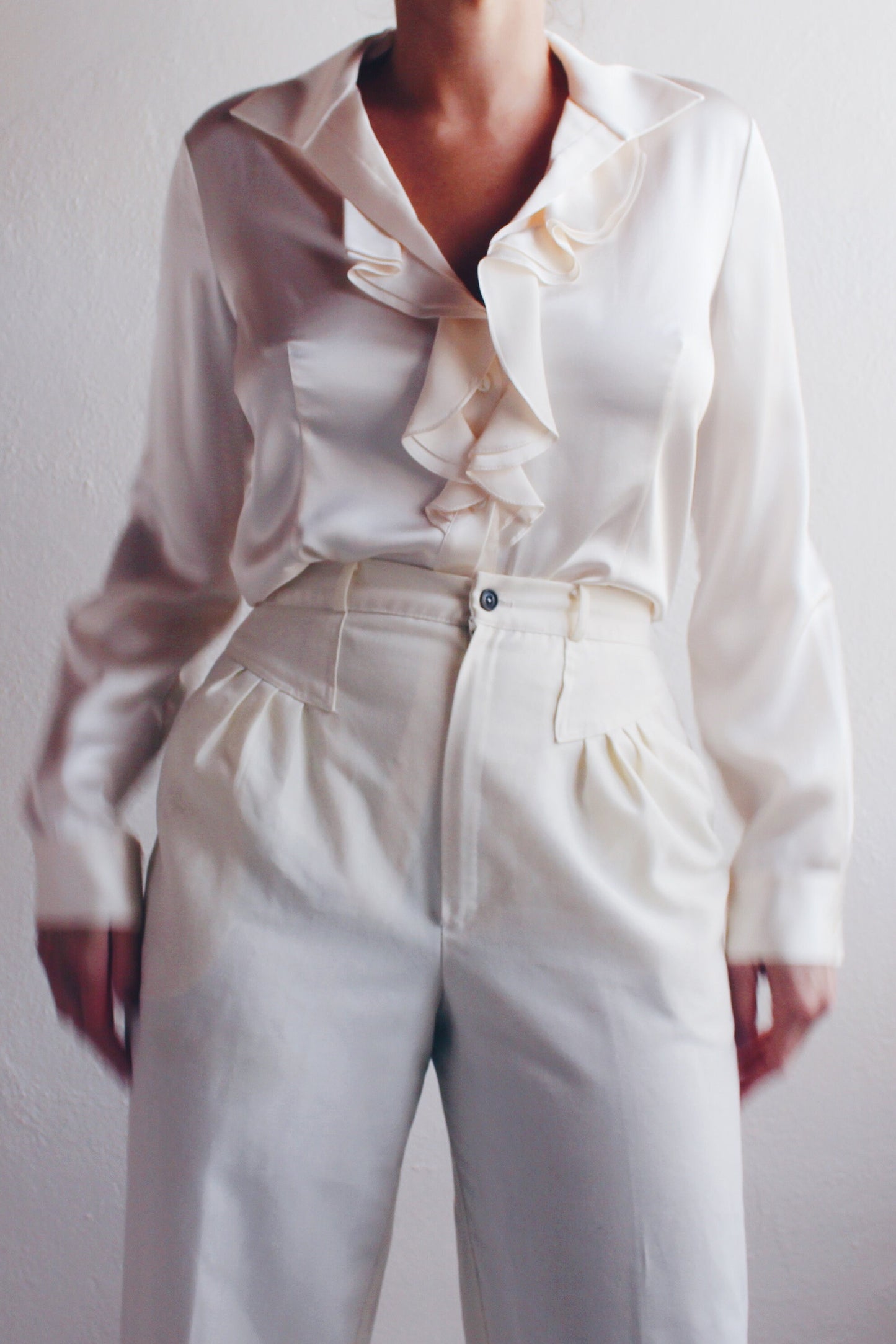 Vintage Cream Silk Blouse with Ruffled Bust - Romantic Coquette Style | Perfect for Corporate or Formal Events