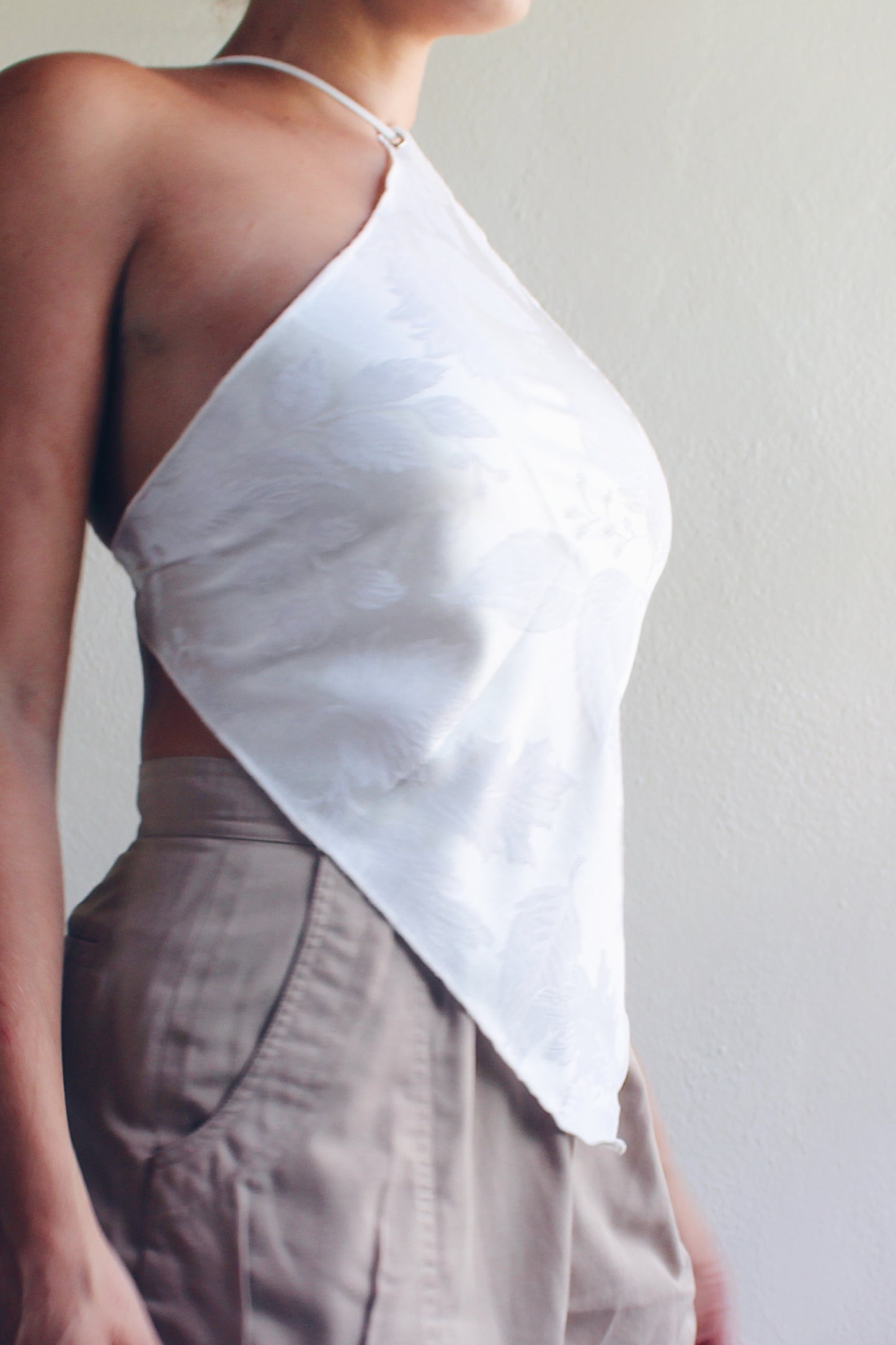 Reworked French hanky hem shirt / White floral Upcycled Bandeau / baroque Tapestry Haltar Crop Top