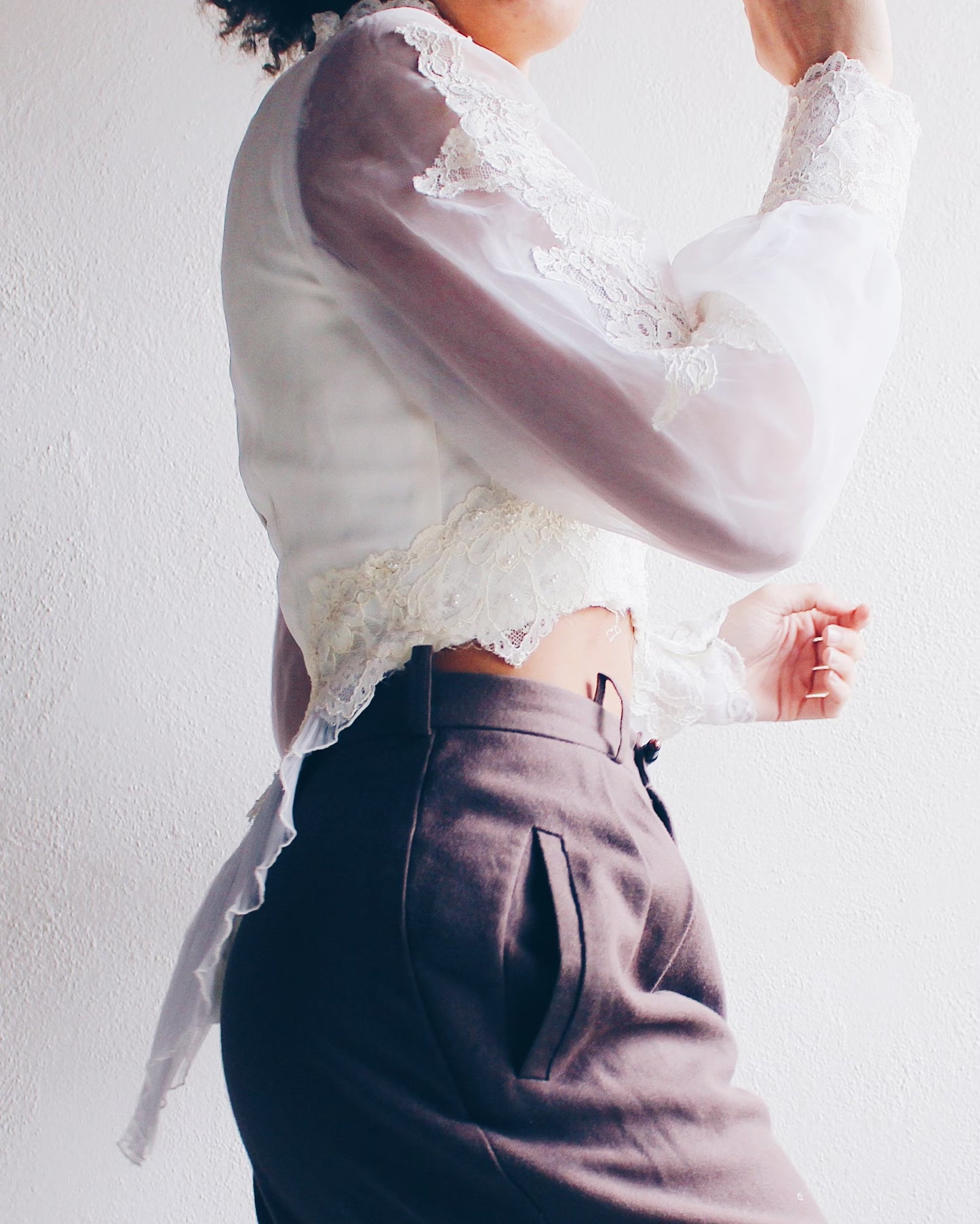 Victorian high Collar Lace Blouse / Edwardian upcycled vintage crop top / Ornate puff sleeve cottage Cropped shirt