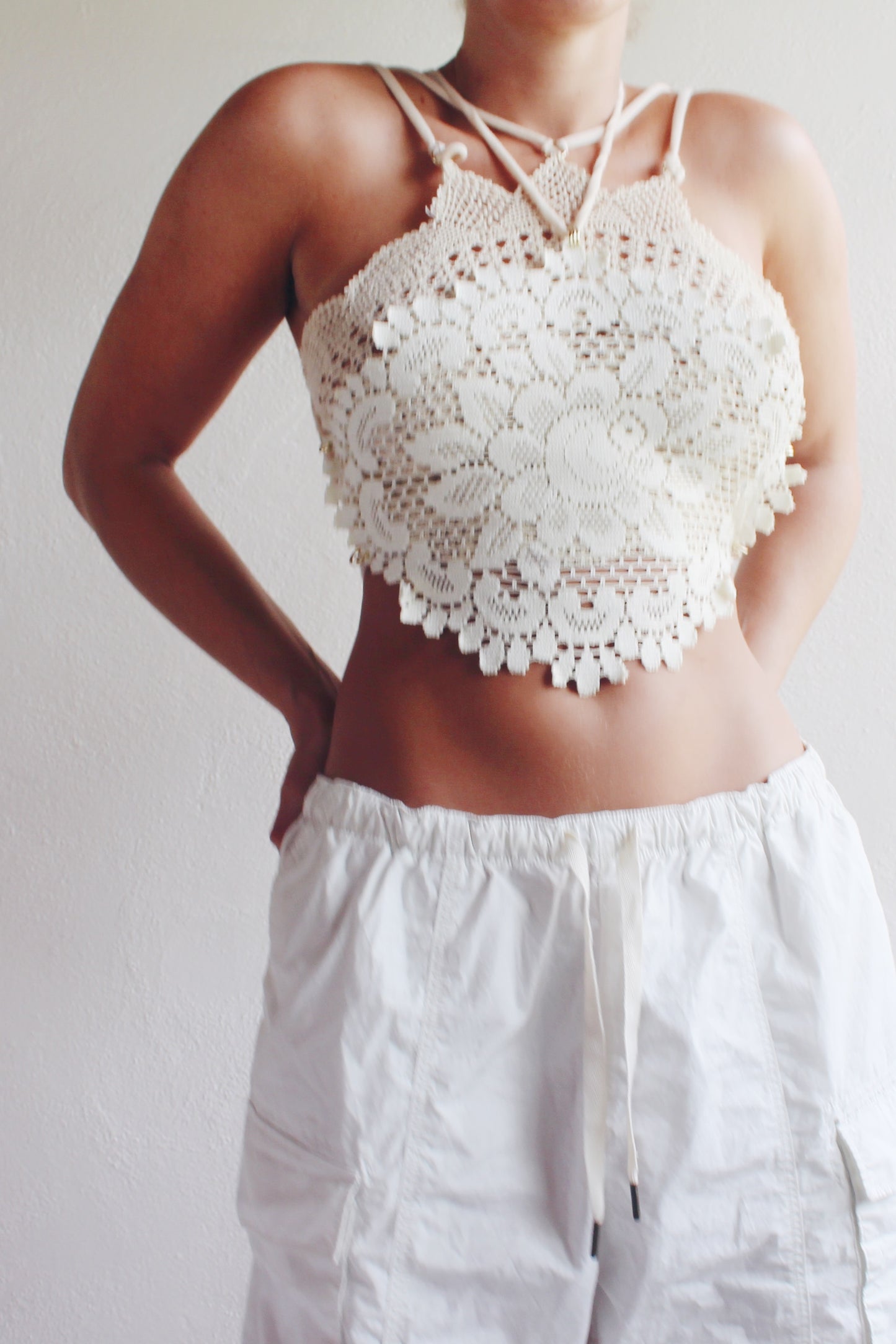 Tea Time crop top / repurposed doily top / upcycled crochet macrame tank / reworked vintage tank top