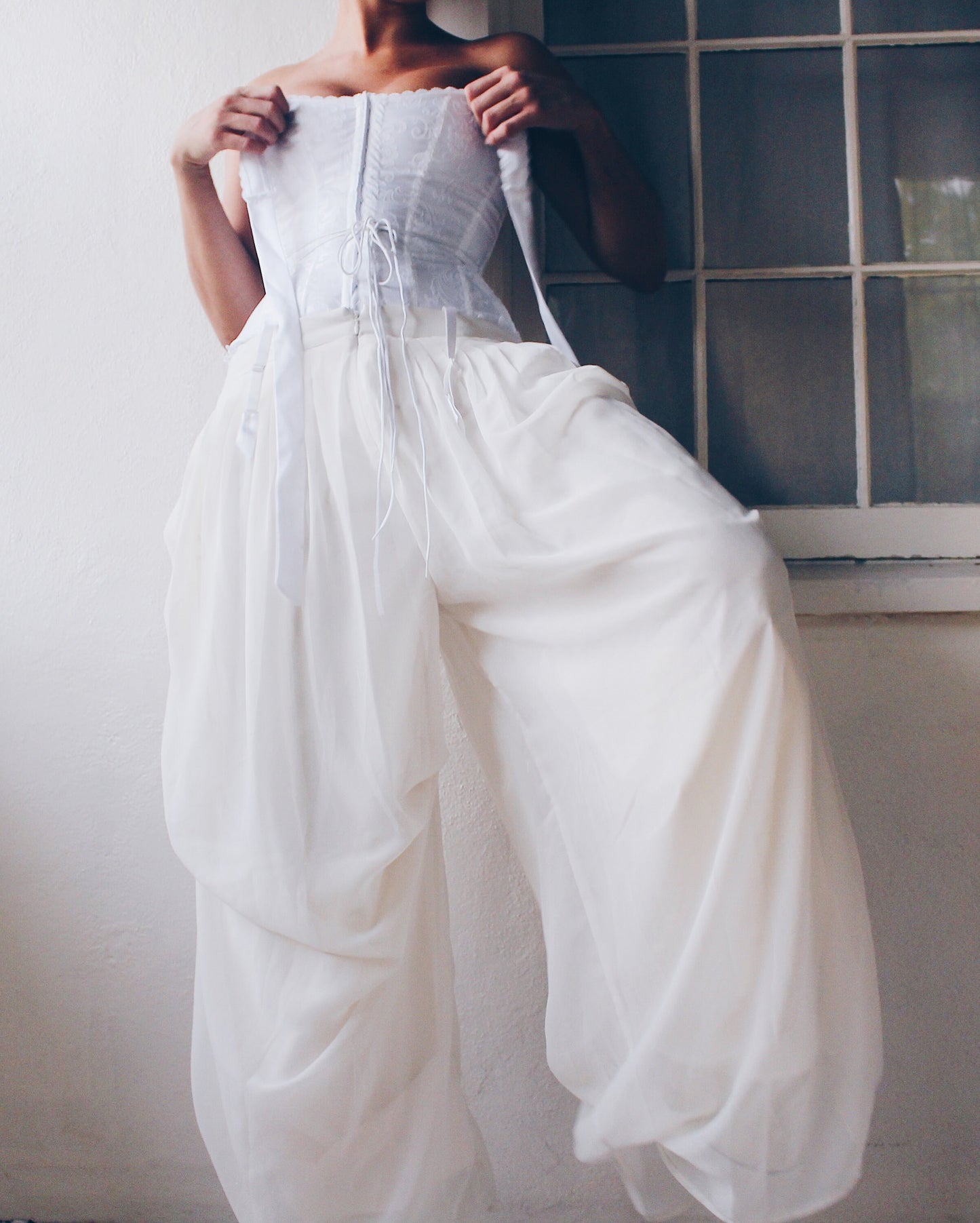 Pleated White High Waisted Parachute style pants /  Ivory Cinched Wide Leg formal pants