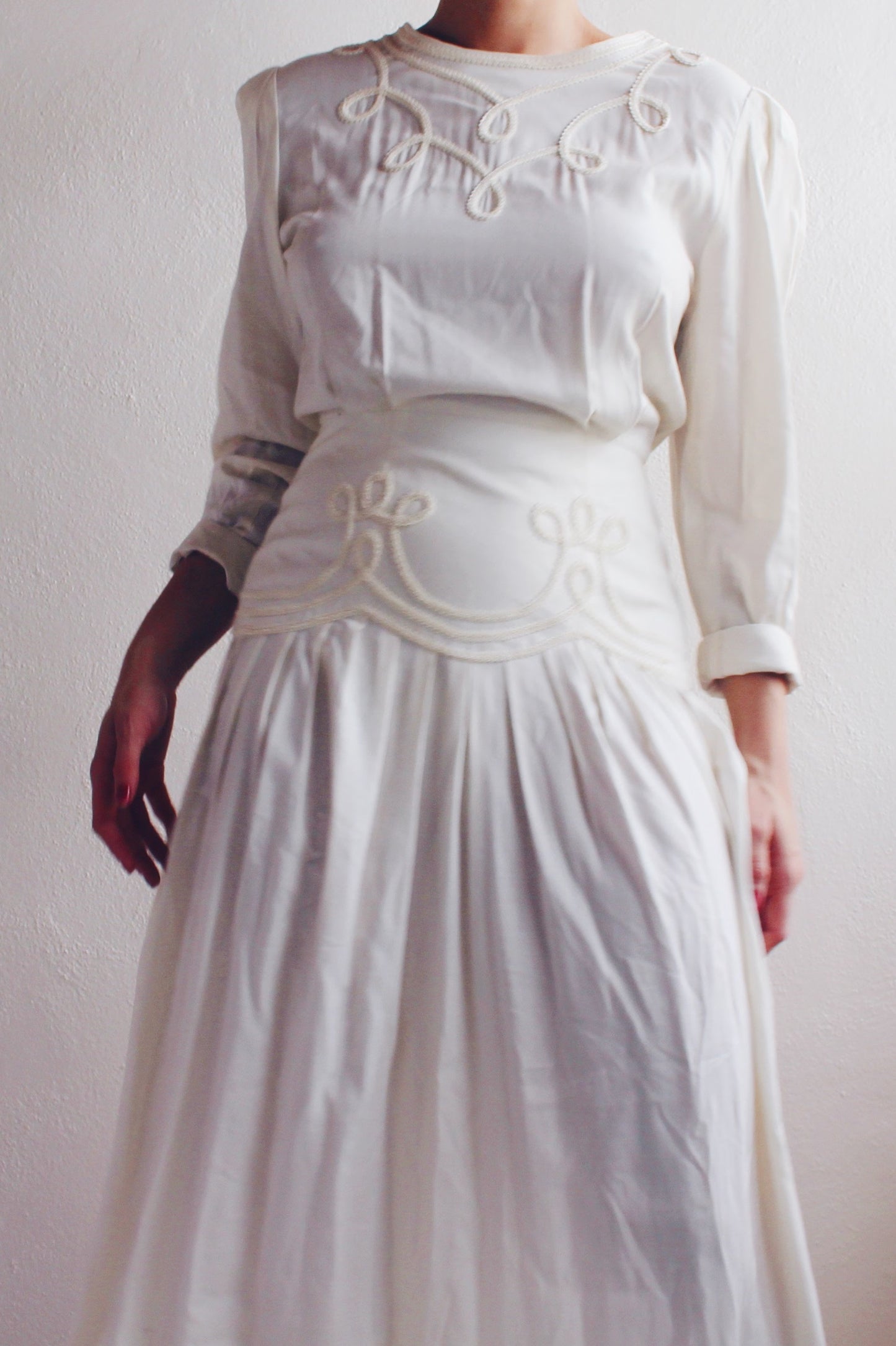 Ivory Long Sleeve Drop Waist Midi Prairie Dress - 70s Edwardian Renewal Cottagecore Style Sundress